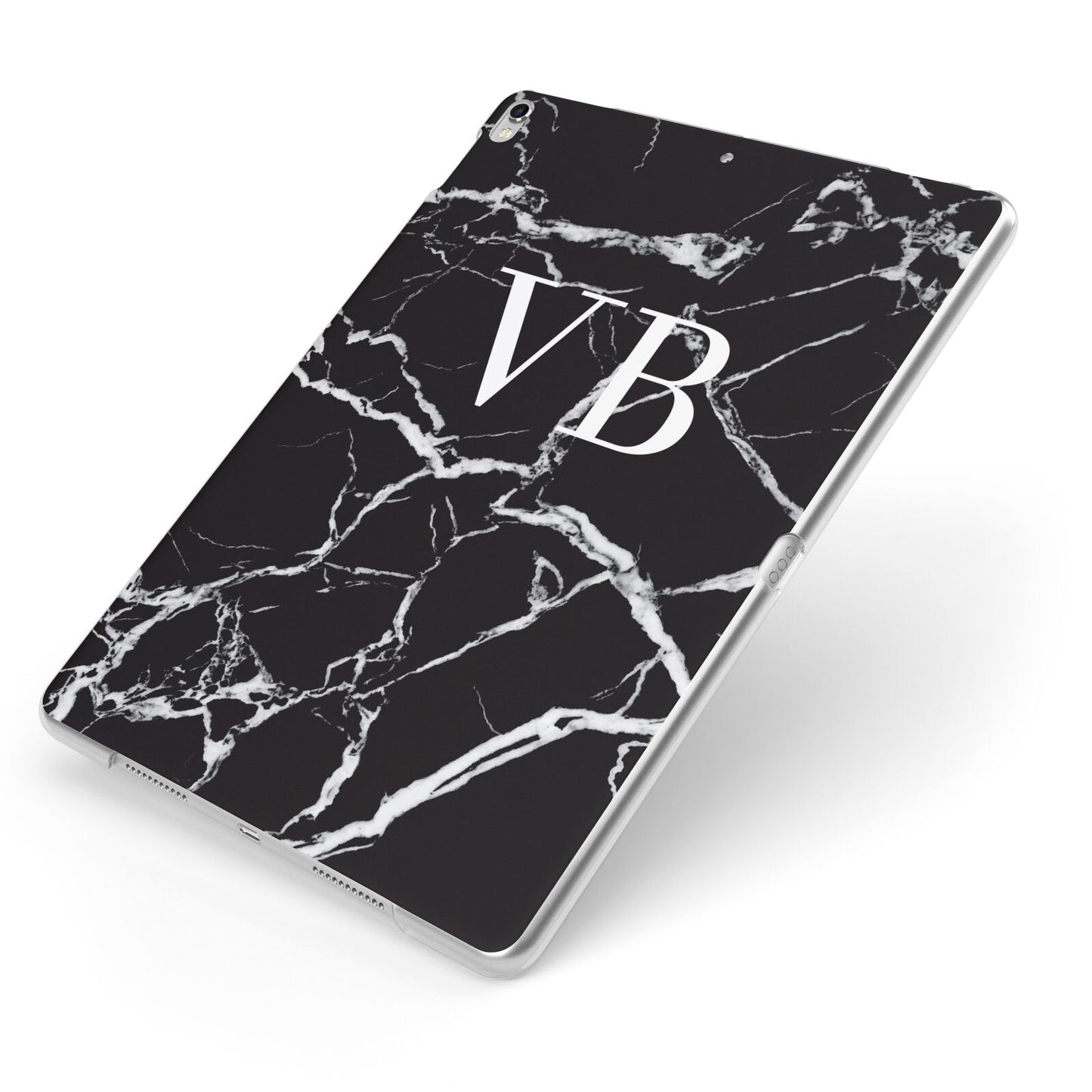 Personalised Black Marble Effect Monogram Apple iPad Case on Silver iPad Side View