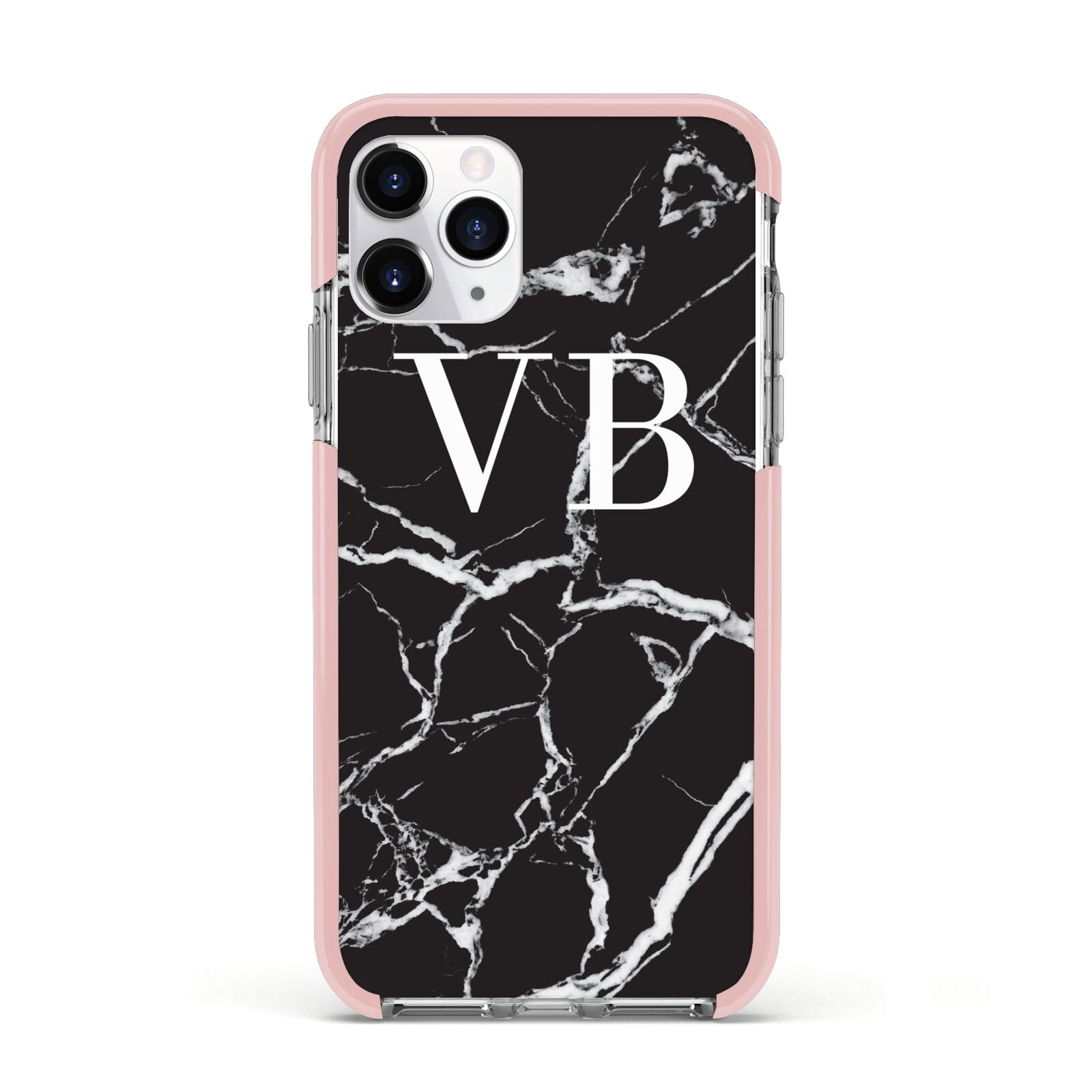 Personalised Black Marble Effect Monogram Apple iPhone 11 Pro in Silver with Pink Impact Case