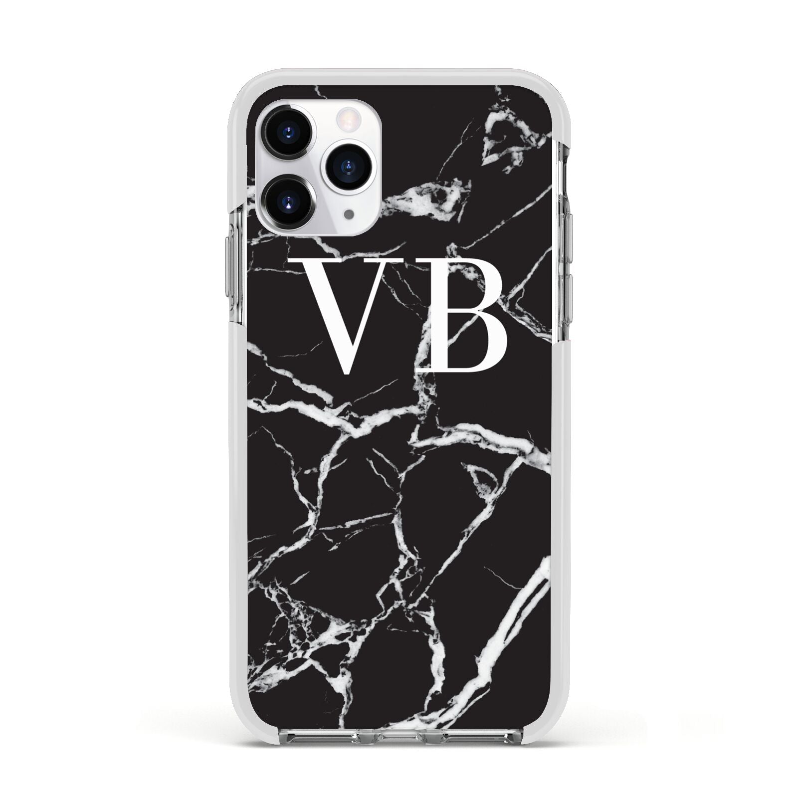 Personalised Black Marble Effect Monogram Apple iPhone 11 Pro in Silver with White Impact Case