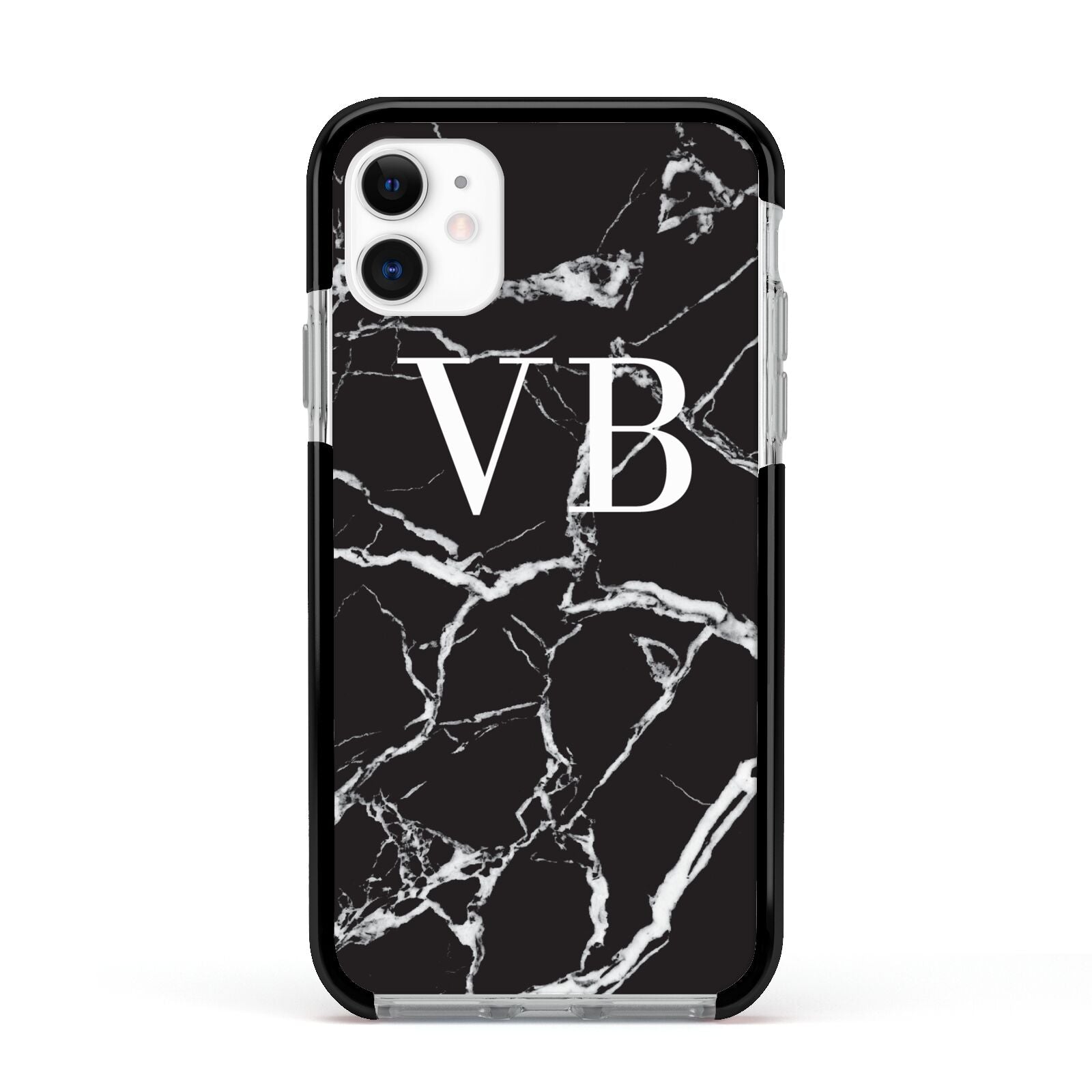 Personalised Black Marble Effect Monogram Apple iPhone 11 in White with Black Impact Case