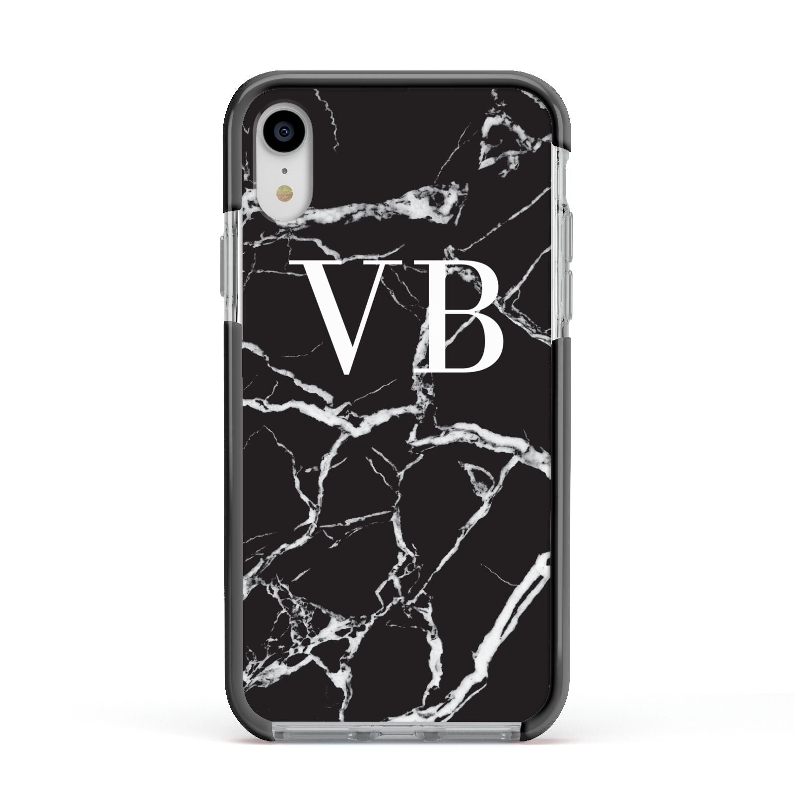 Personalised Black Marble Effect Monogram Apple iPhone XR Impact Case Black Edge on Silver Phone