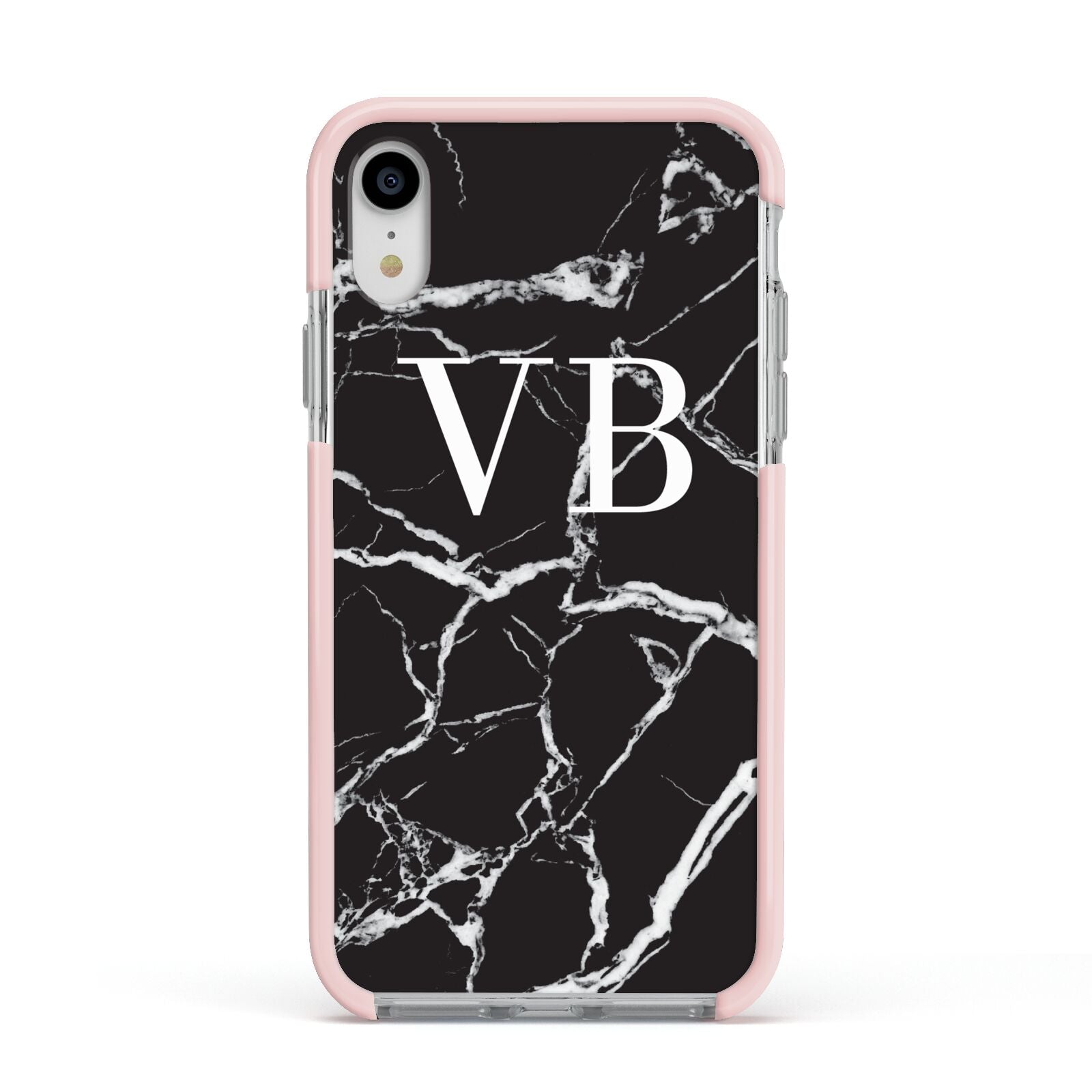 Personalised Black Marble Effect Monogram Apple iPhone XR Impact Case Pink Edge on Silver Phone