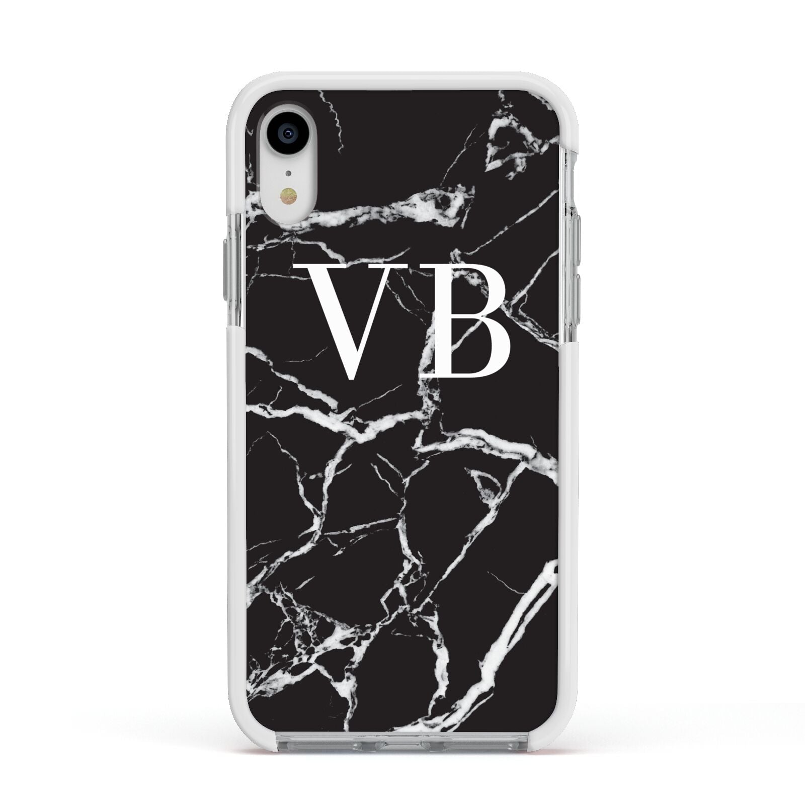 Personalised Black Marble Effect Monogram Apple iPhone XR Impact Case White Edge on Silver Phone