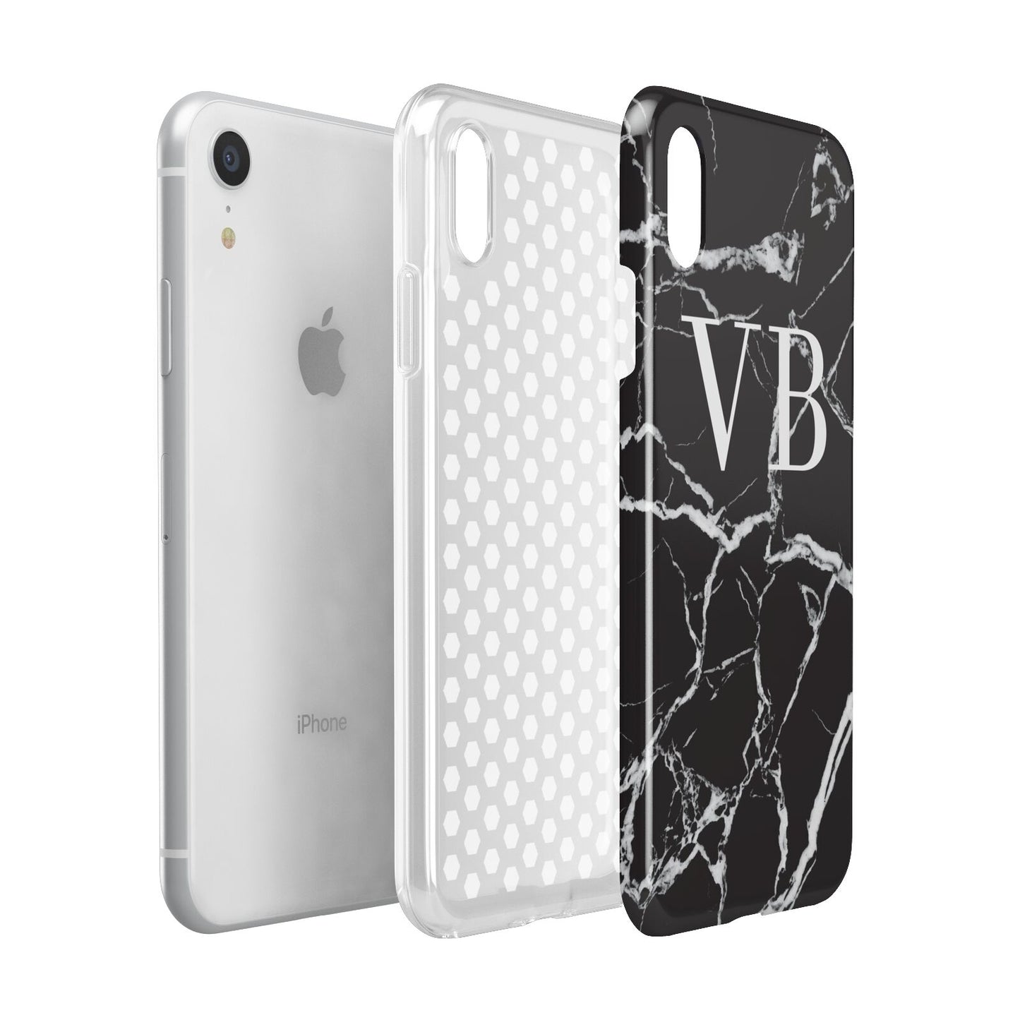 Personalised Black Marble Effect Monogram Apple iPhone XR White 3D Tough Case Expanded view