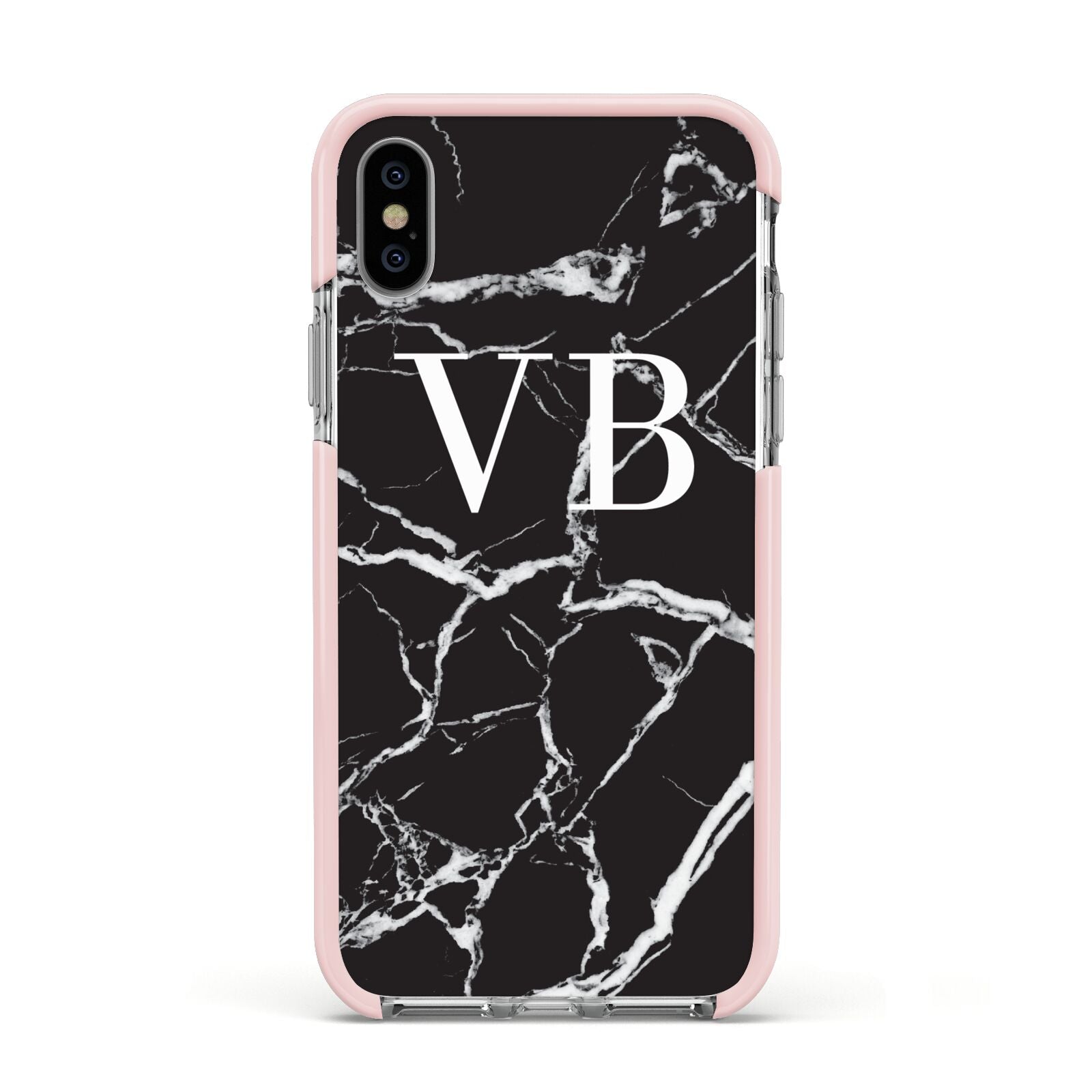 Personalised Black Marble Effect Monogram Apple iPhone Xs Impact Case Pink Edge on Silver Phone
