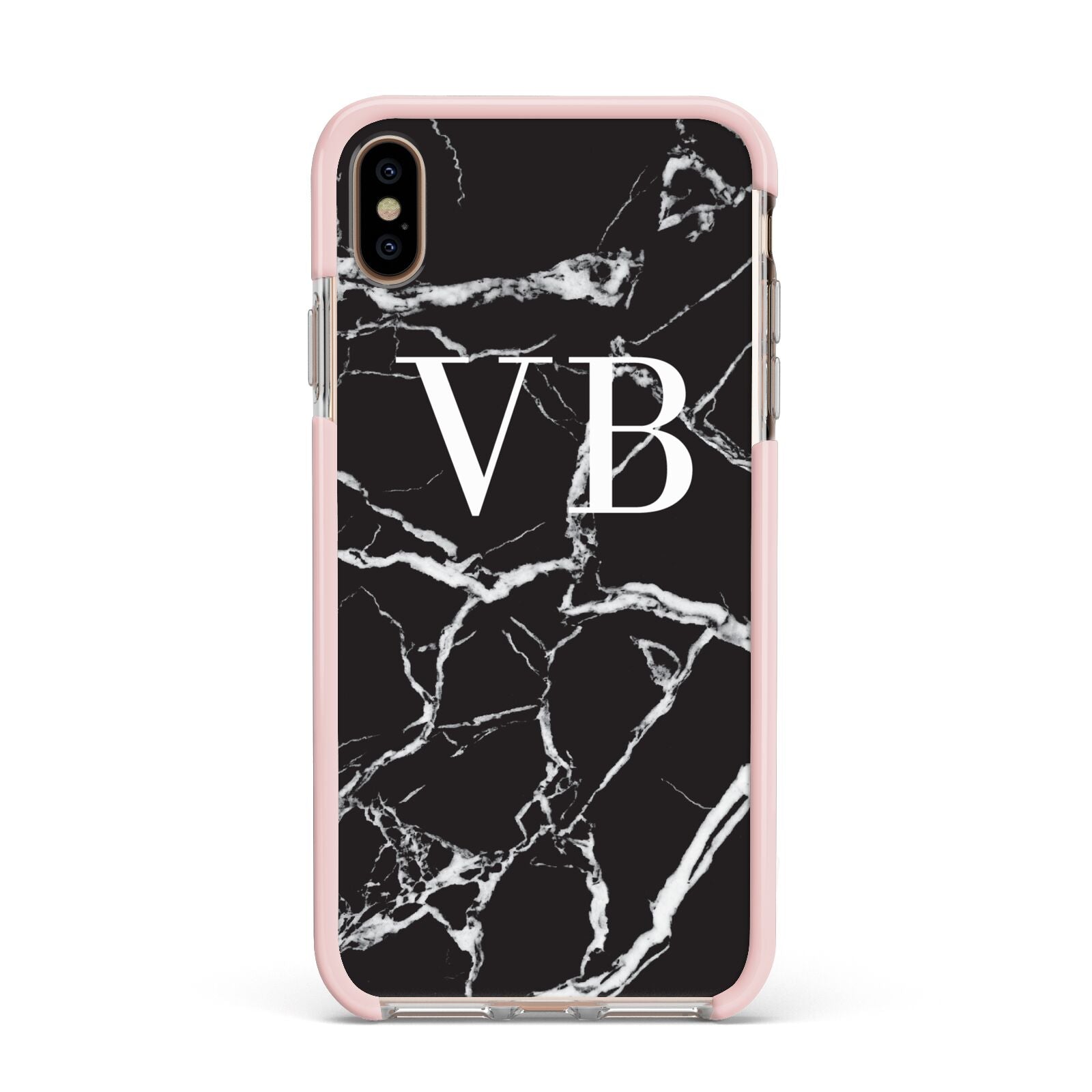 Personalised Black Marble Effect Monogram Apple iPhone Xs Max Impact Case Pink Edge on Gold Phone