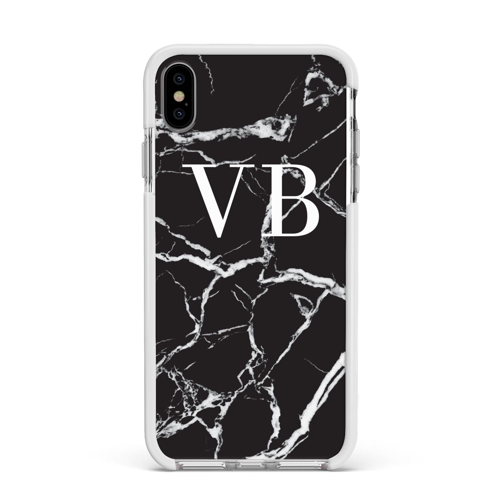 Personalised Black Marble Effect Monogram Apple iPhone Xs Max Impact Case White Edge on Silver Phone