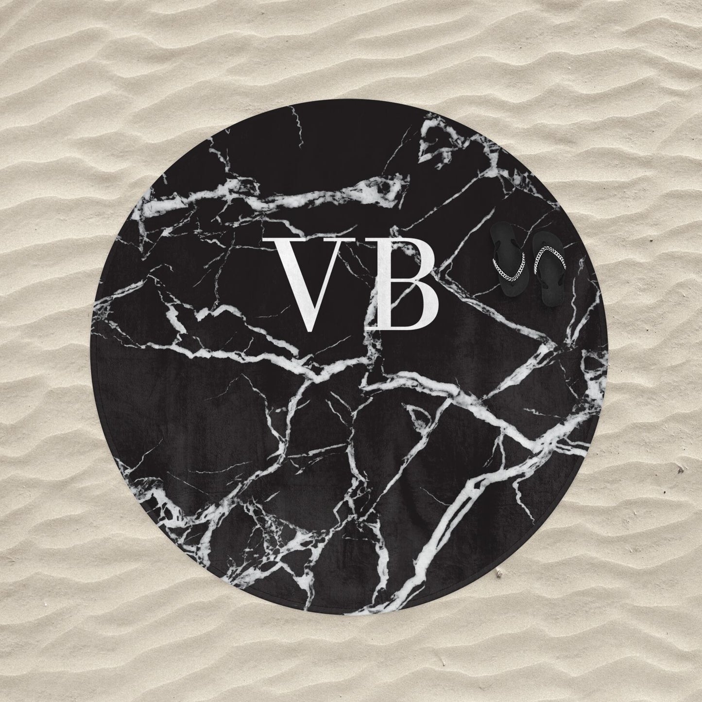 Personalised Black Marble Effect Monogram Round Beach Towel Alternative Image