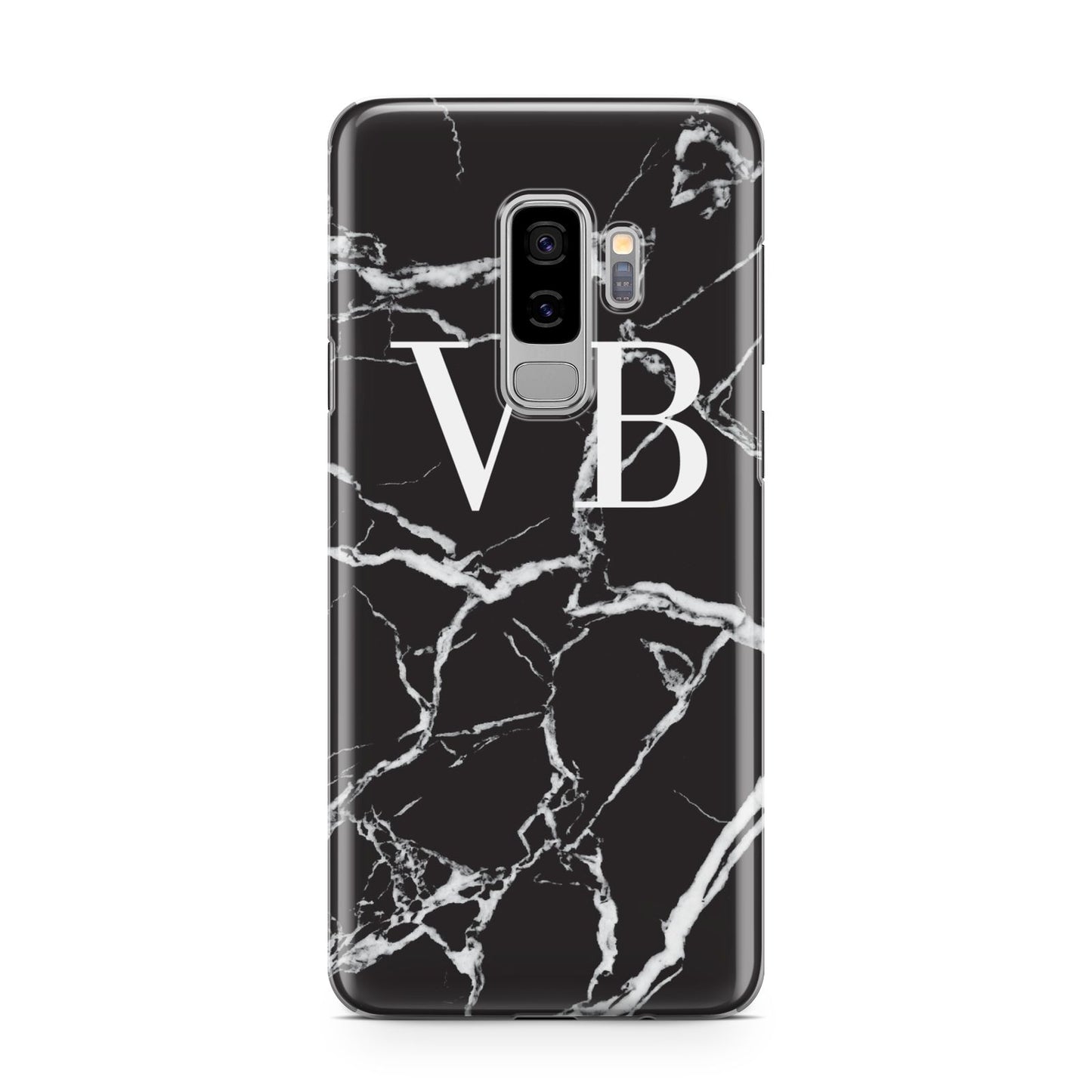 Personalised Black Marble Effect Monogram Samsung Galaxy S9 Plus Case on Silver phone