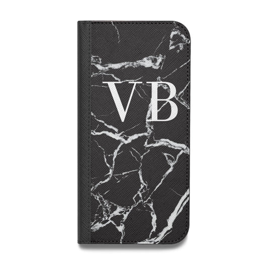 Personalised Black Marble Effect Monogram Vegan Leather Flip iPhone Case