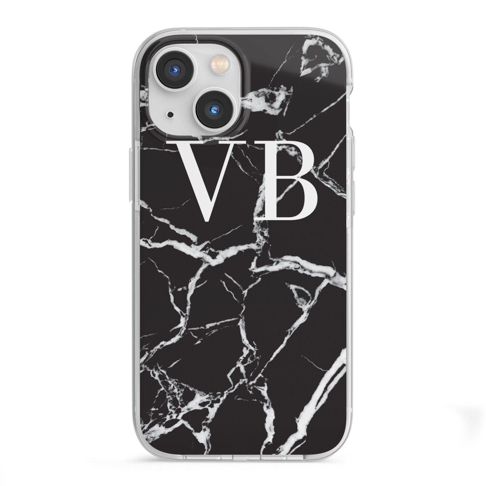 Personalised Black Marble Effect Monogram iPhone 13 Mini TPU Impact Case with White Edges