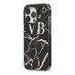 Personalised Black Marble Effect Monogram iPhone 13 Pro Black Impact Case Side Angle on Silver phone