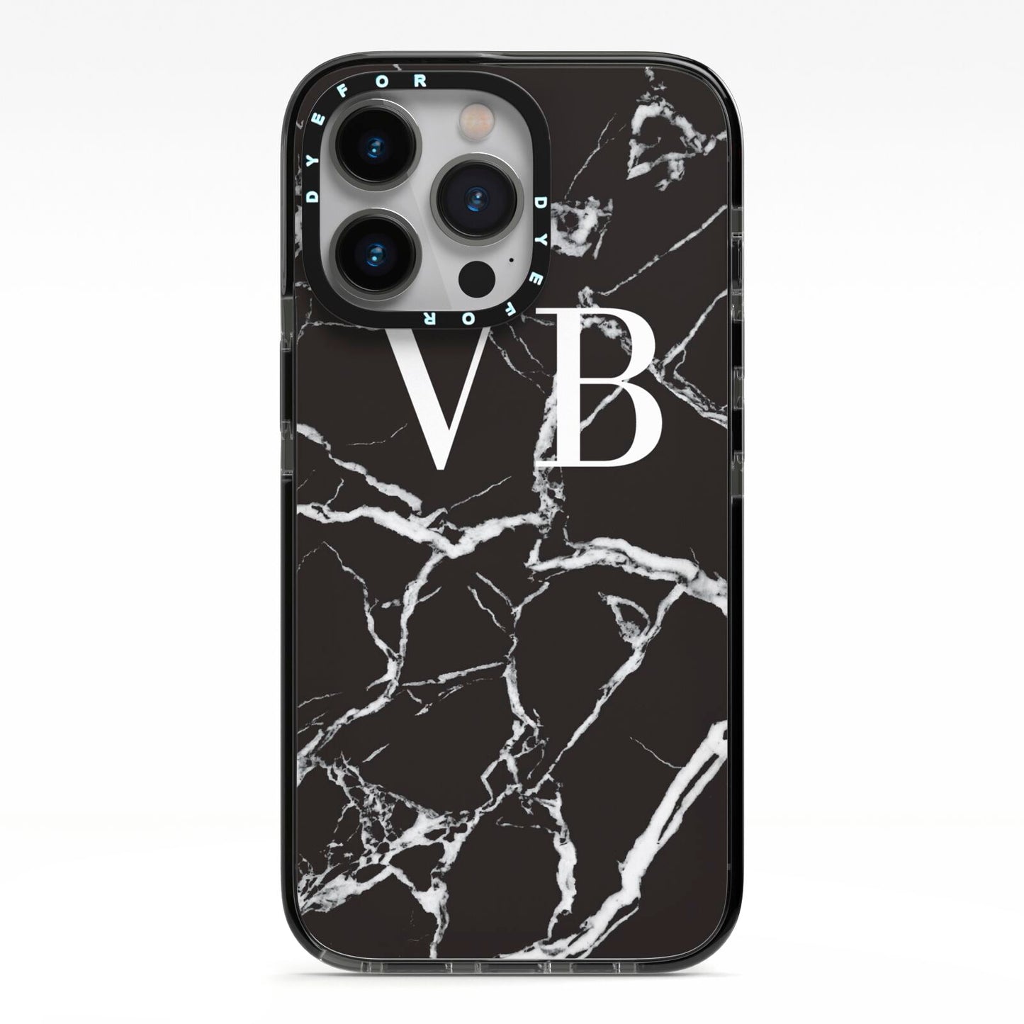Personalised Black Marble Effect Monogram iPhone 13 Pro Black Impact Case on Silver phone