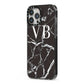 Personalised Black Marble Effect Monogram iPhone 13 Pro Max Black Impact Case Side Angle on Silver phone