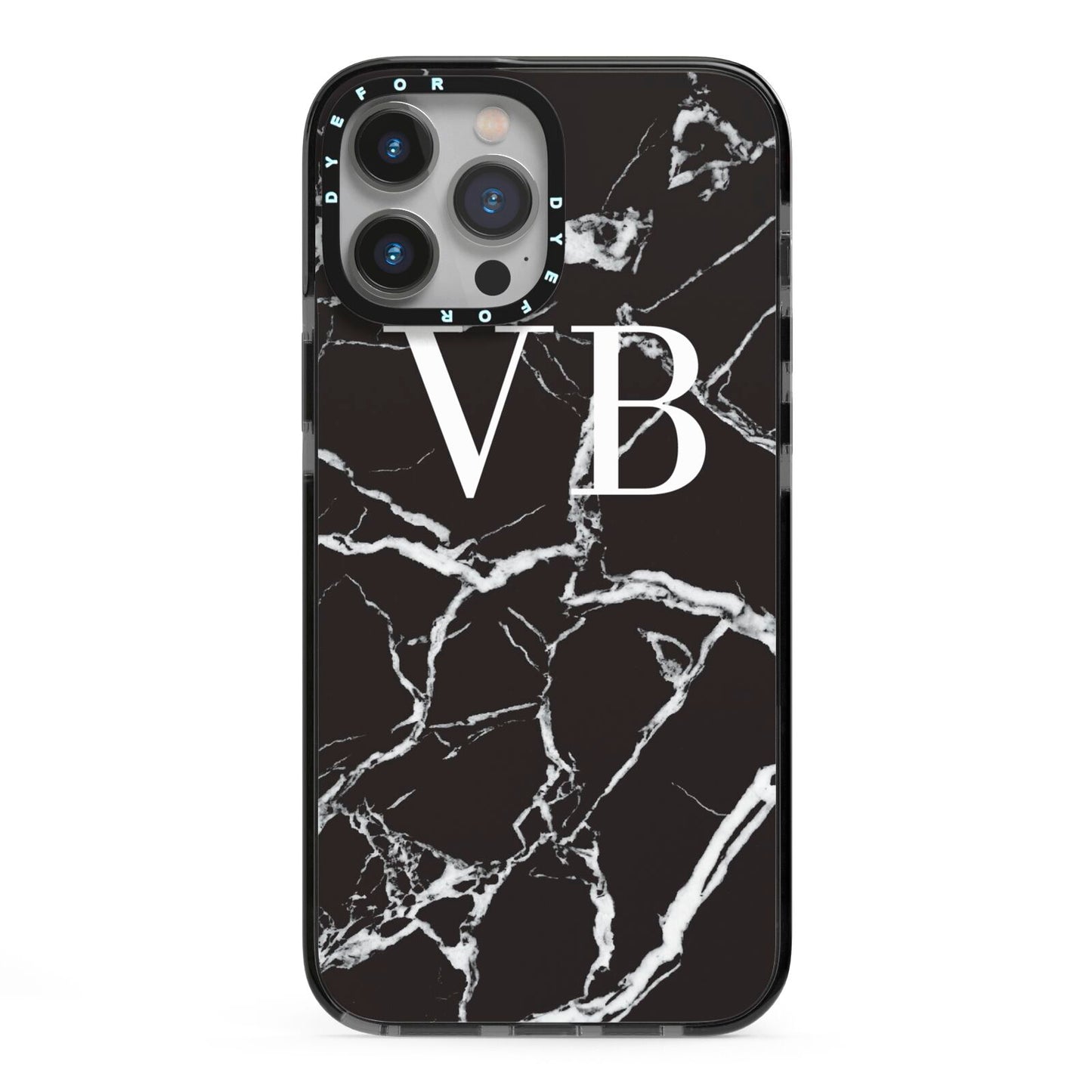 Personalised Black Marble Effect Monogram iPhone 13 Pro Max Black Impact Case on Silver phone