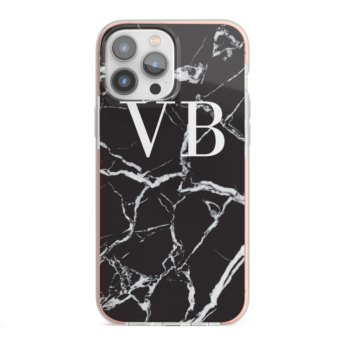 Personalised Black Marble Effect Monogram iPhone 13 Pro Max TPU Impact Case with Pink Edges