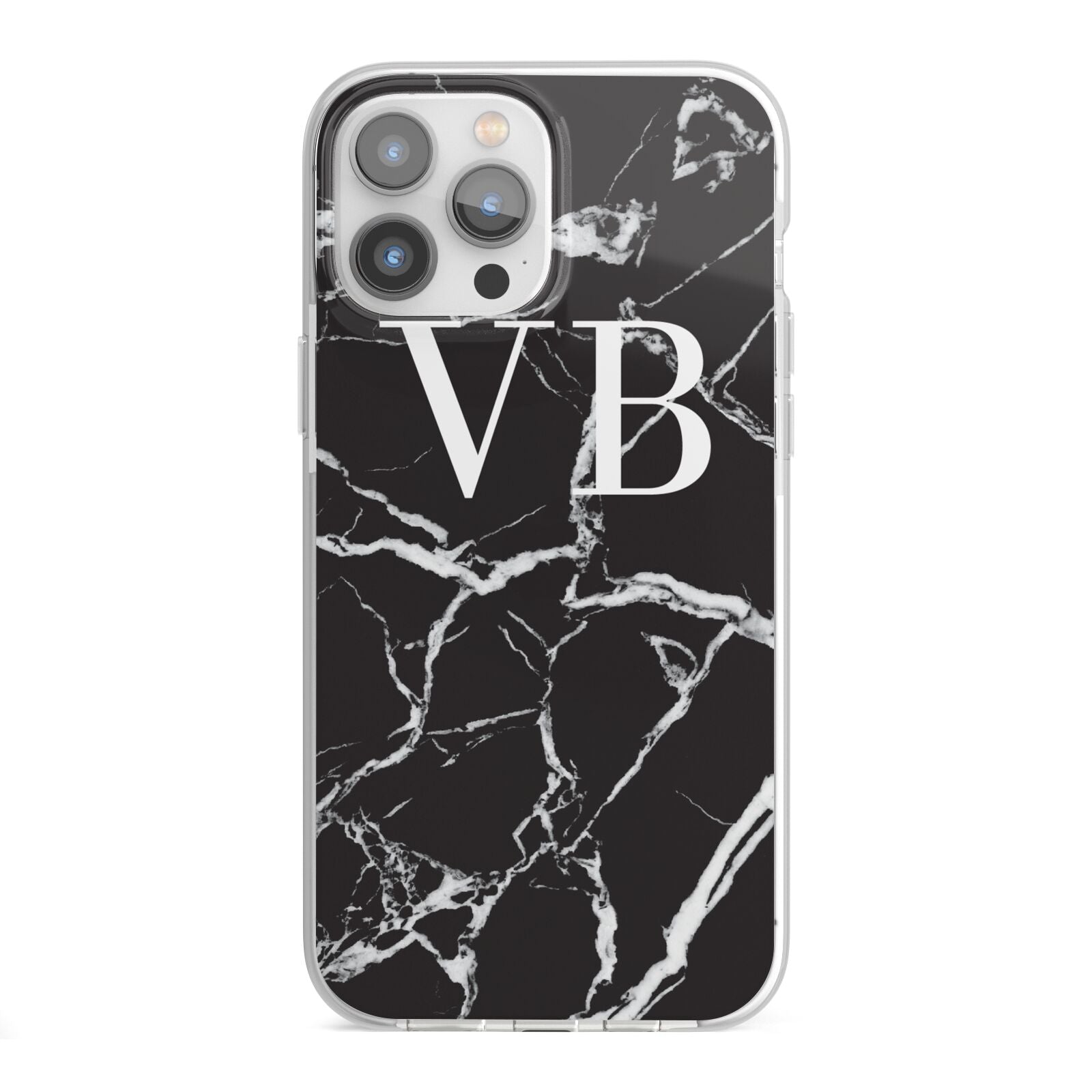 Personalised Black Marble Effect Monogram iPhone 13 Pro Max TPU Impact Case with White Edges