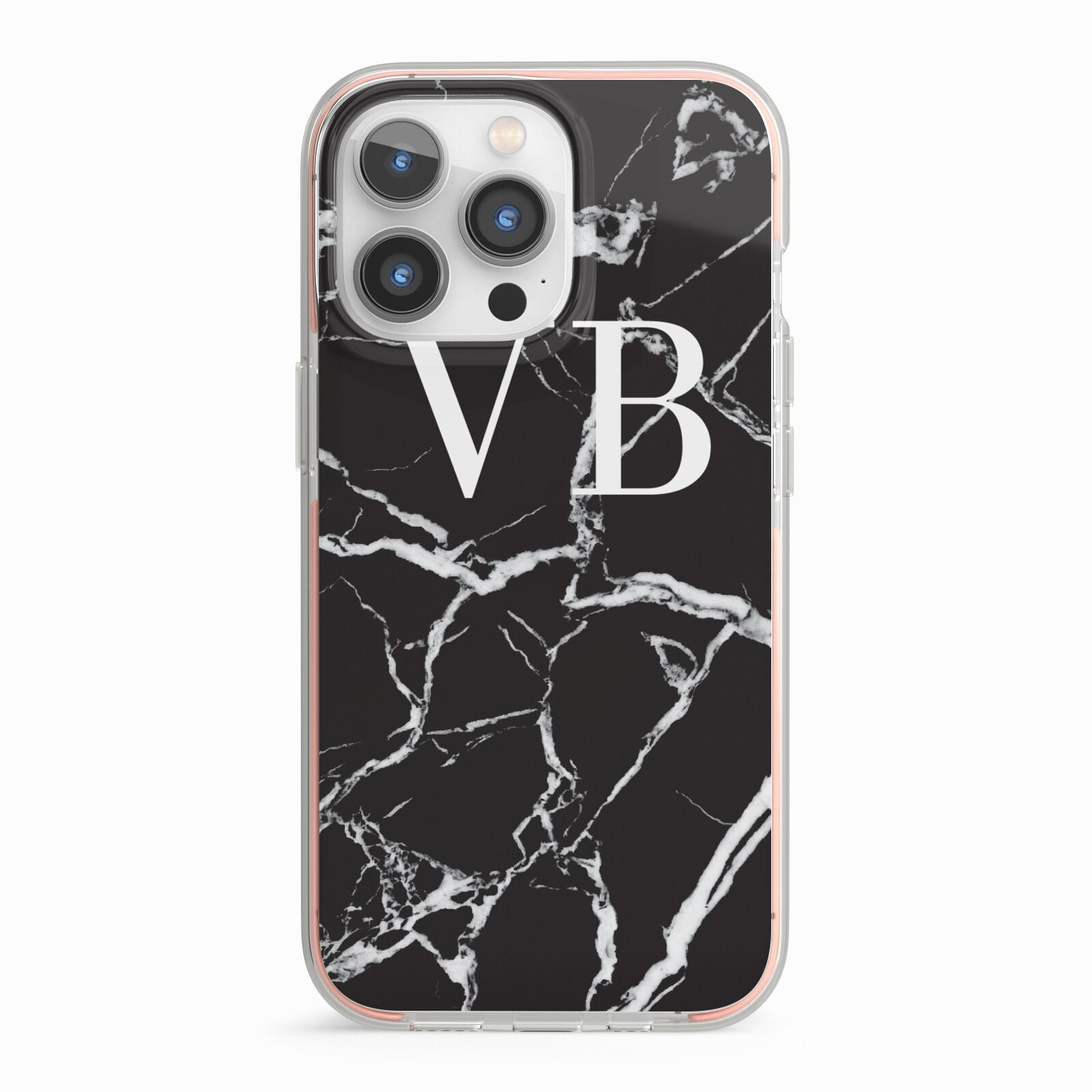 Personalised Black Marble Effect Monogram iPhone 13 Pro TPU Impact Case with Pink Edges