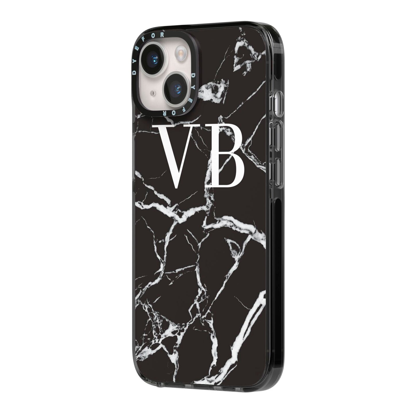 Personalised Black Marble Effect Monogram iPhone 14 Black Impact Case Side Angle on Silver phone