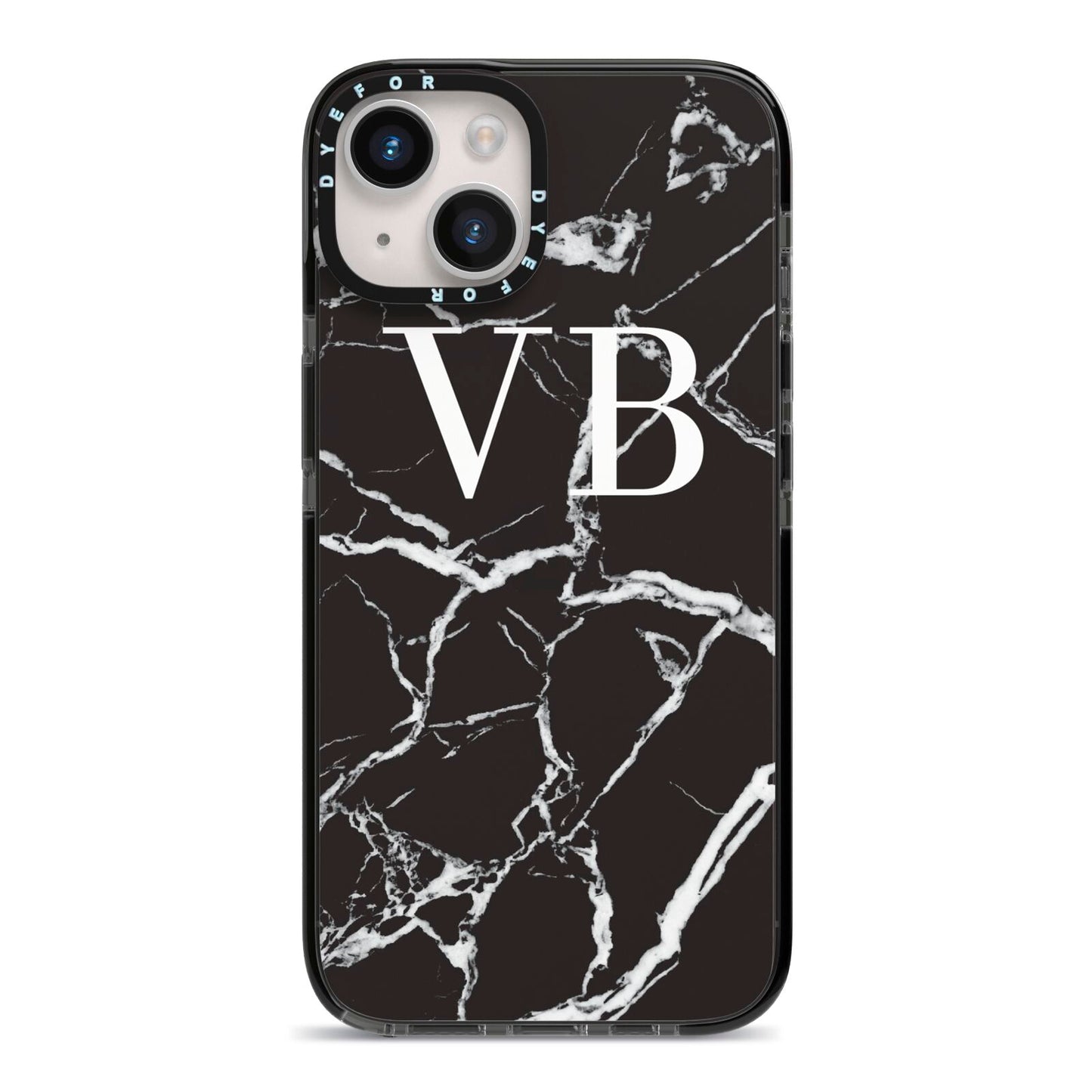 Personalised Black Marble Effect Monogram iPhone 14 Black Impact Case on Silver phone