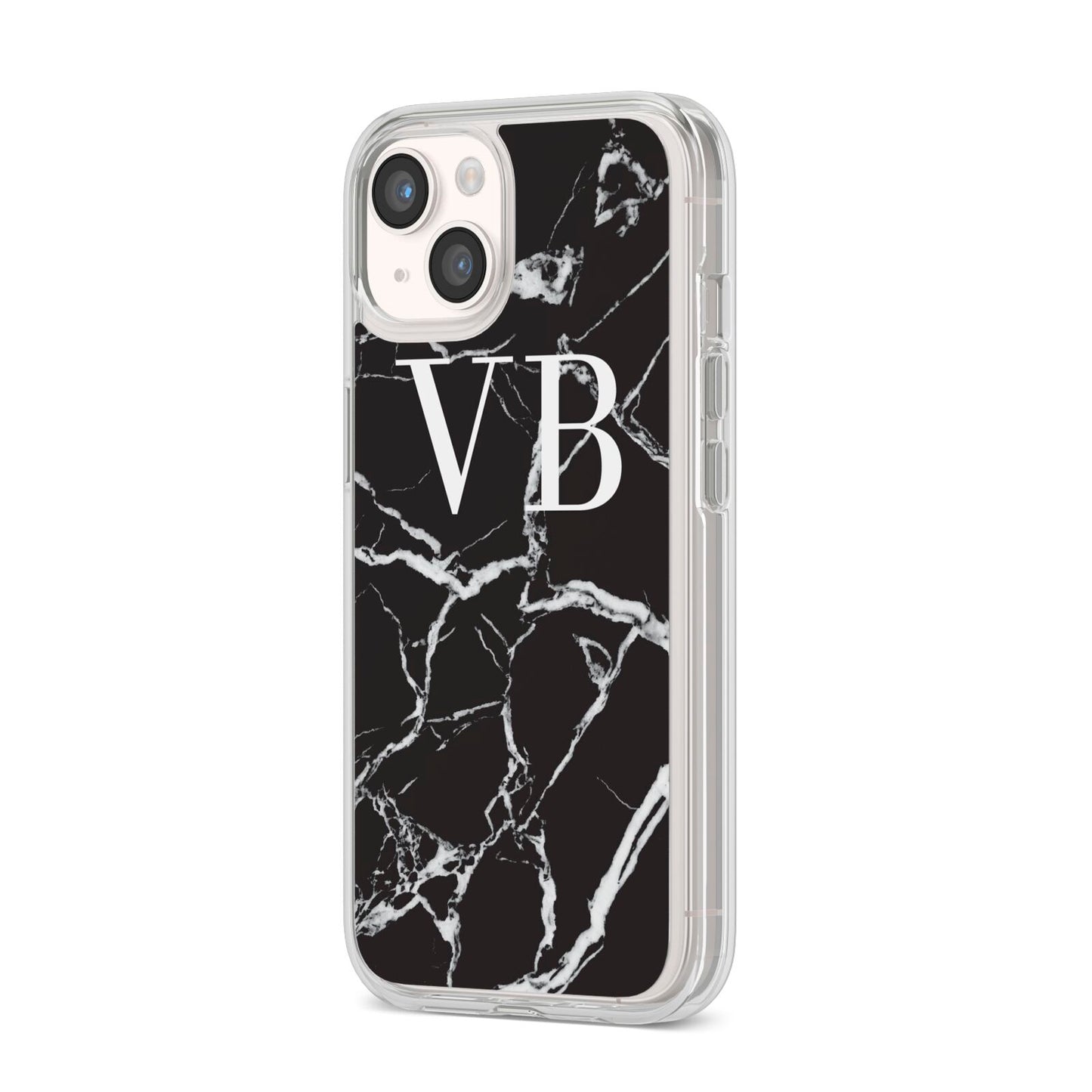 Personalised Black Marble Effect Monogram iPhone 14 Clear Tough Case Starlight Angled Image