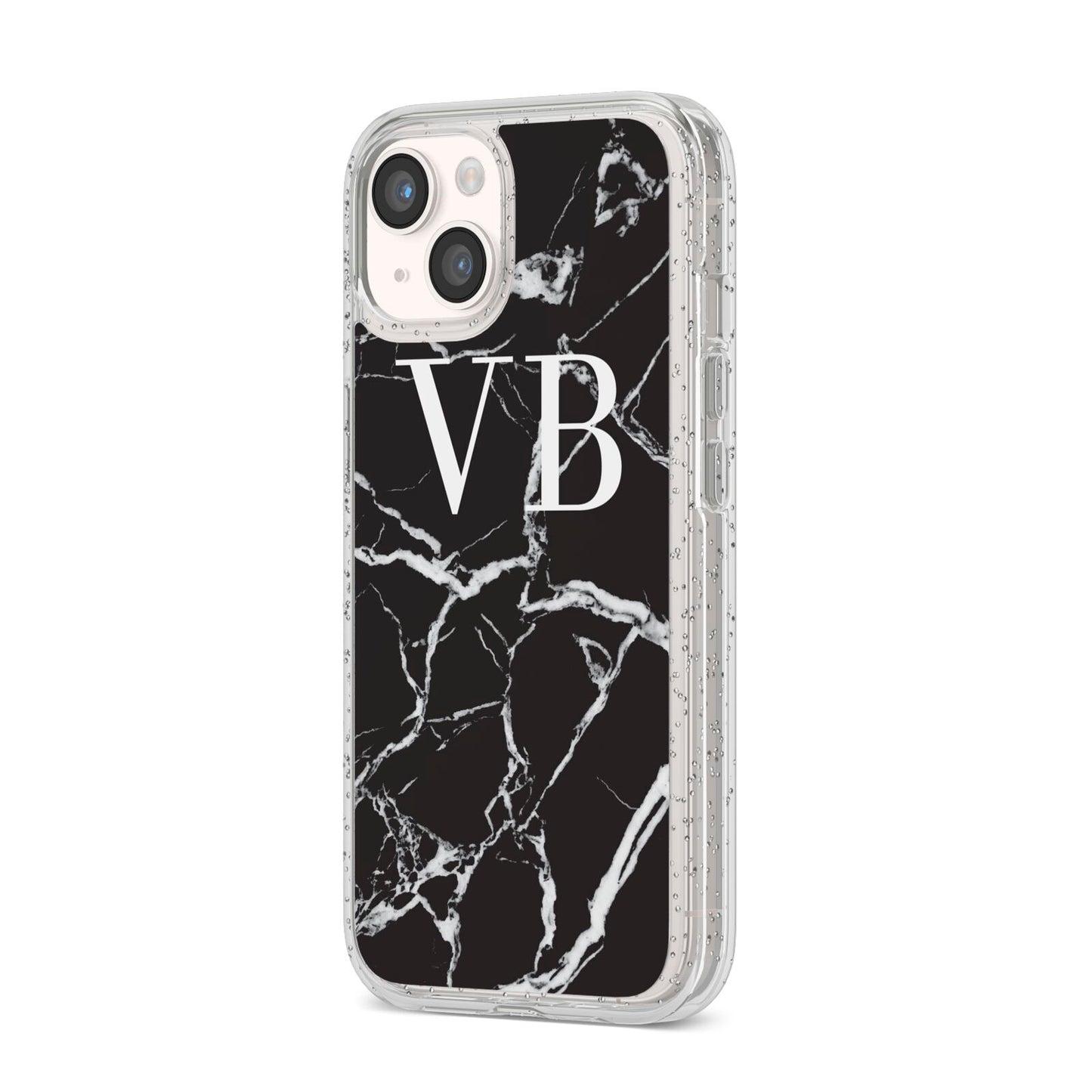 Personalised Black Marble Effect Monogram iPhone 14 Glitter Tough Case Starlight Angled Image
