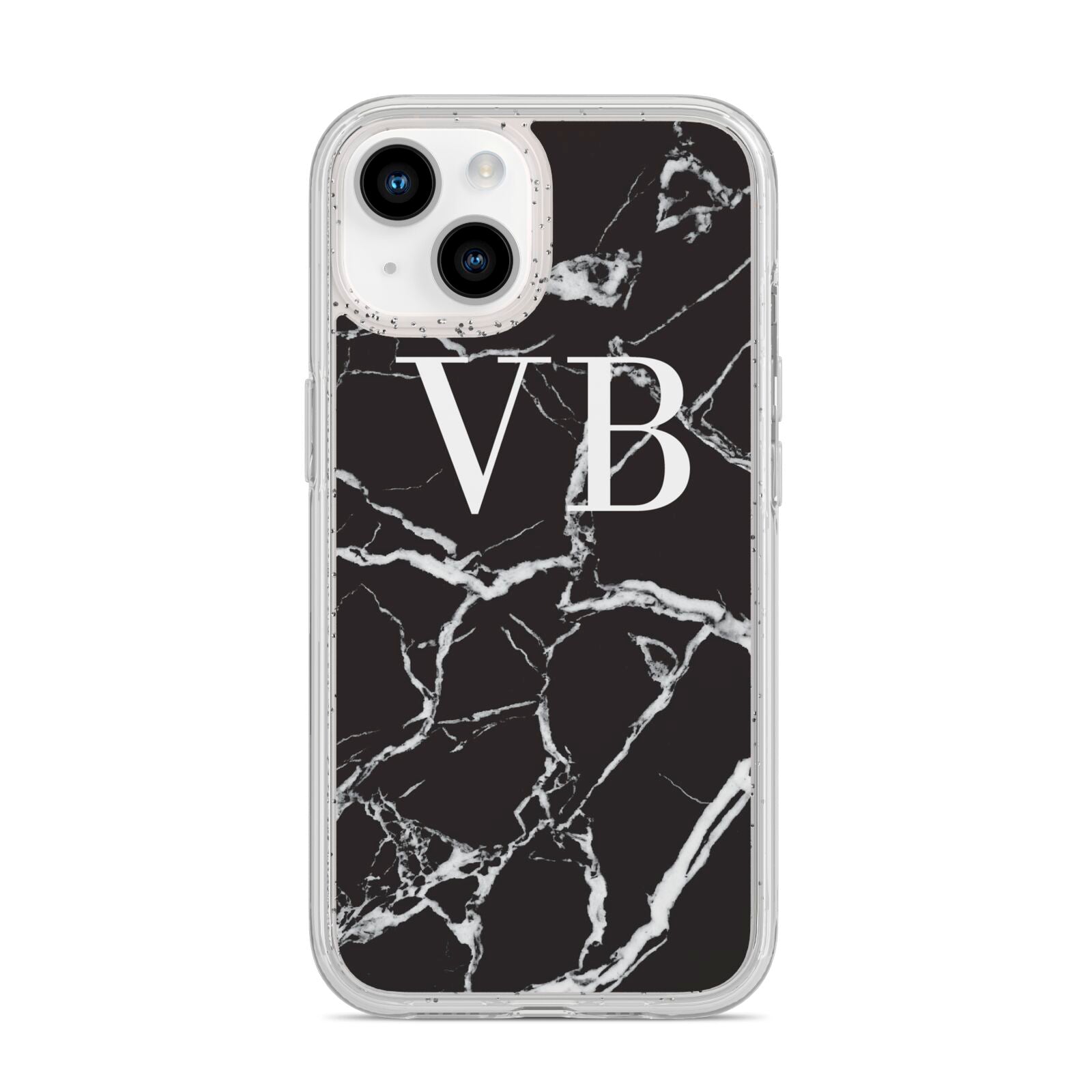 Personalised Black Marble Effect Monogram iPhone 14 Glitter Tough Case Starlight