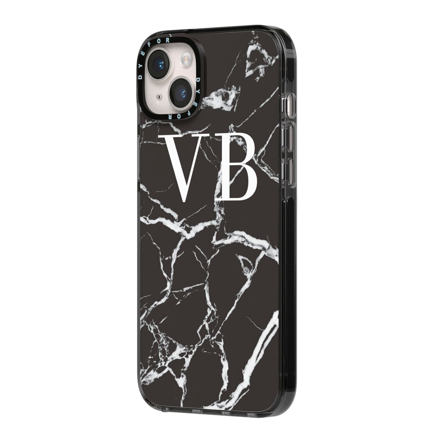 Personalised Black Marble Effect Monogram iPhone 14 Plus Black Impact Case Side Angle on Silver phone