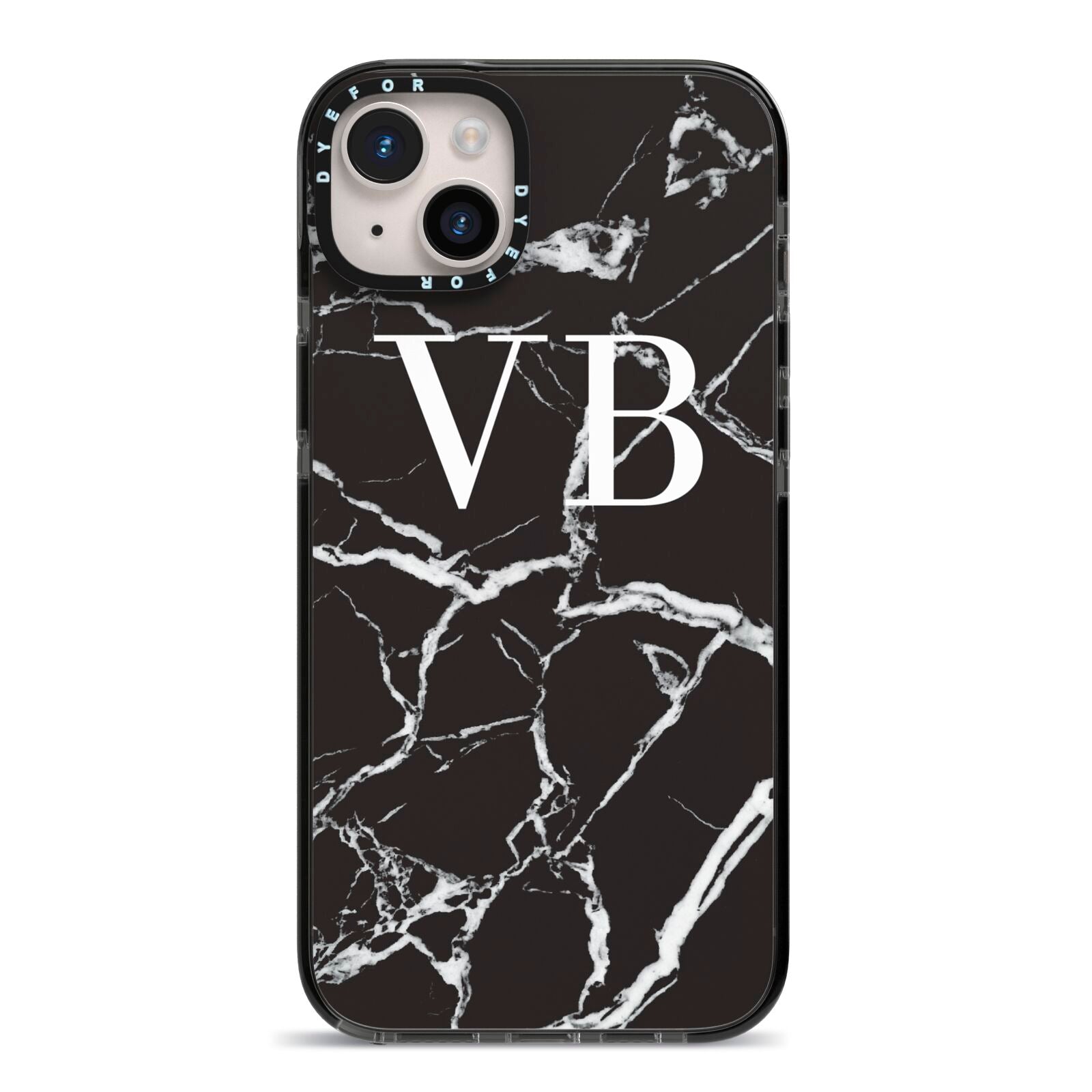Personalised Black Marble Effect Monogram iPhone 14 Plus Black Impact Case on Silver phone