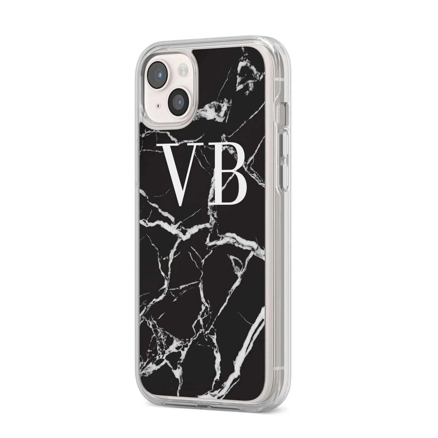 Personalised Black Marble Effect Monogram iPhone 14 Plus Clear Tough Case Starlight Angled Image