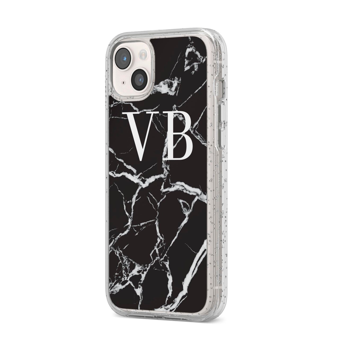Personalised Black Marble Effect Monogram iPhone 14 Plus Glitter Tough Case Starlight Angled Image