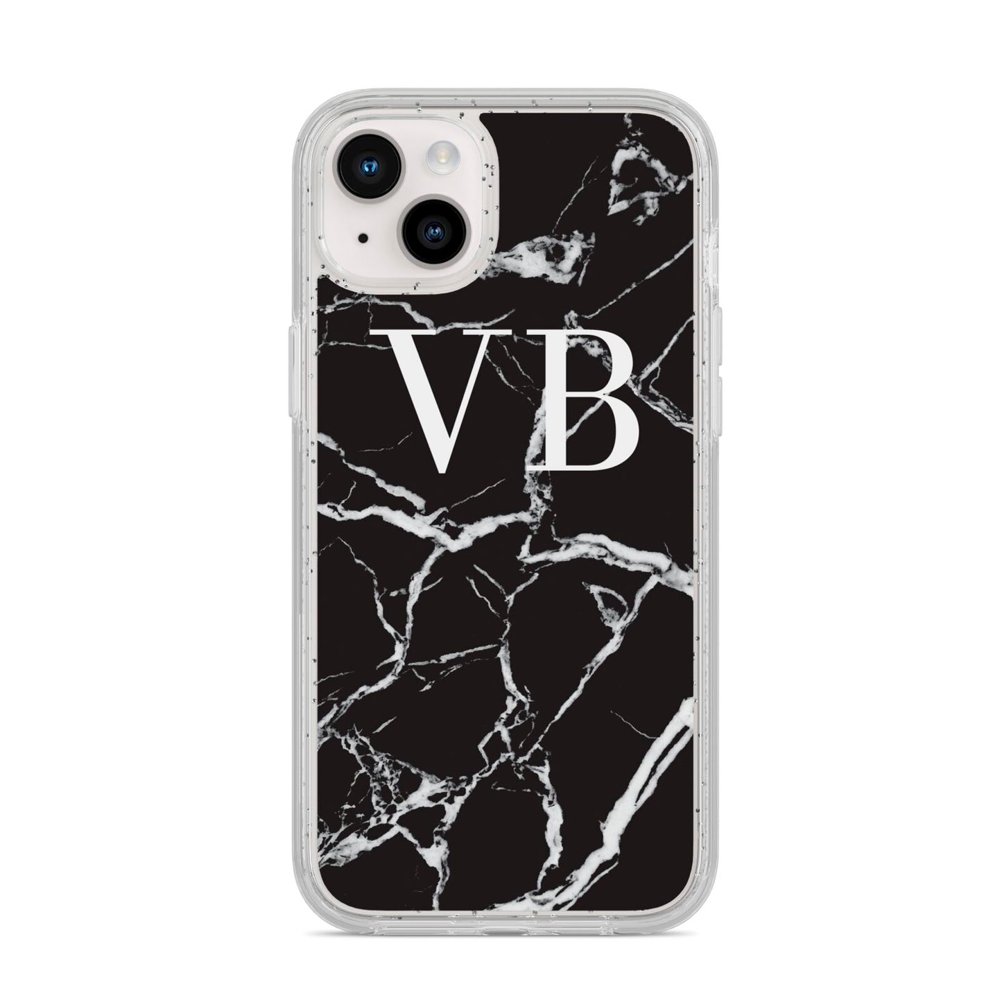 Personalised Black Marble Effect Monogram iPhone 14 Plus Glitter Tough Case Starlight