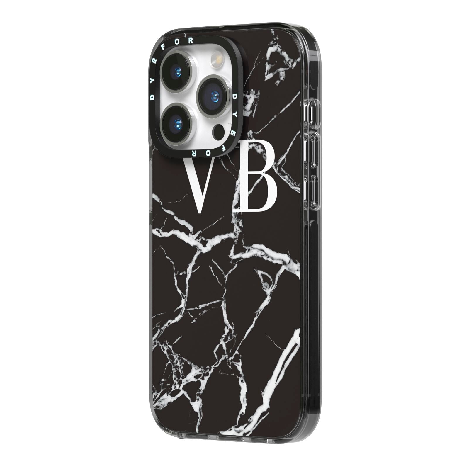 Personalised Black Marble Effect Monogram iPhone 14 Pro Black Impact Case Side Angle on Silver phone