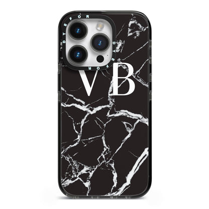 Personalised Black Marble Effect Monogram iPhone 14 Pro Black Impact Case on Silver phone