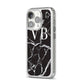 Personalised Black Marble Effect Monogram iPhone 14 Pro Clear Tough Case Silver Angled Image