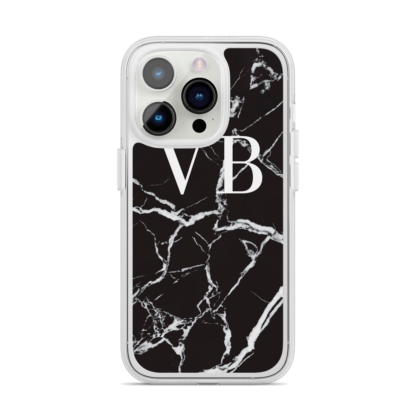 Personalised Black Marble Effect Monogram iPhone 14 Pro Clear Tough Case Silver