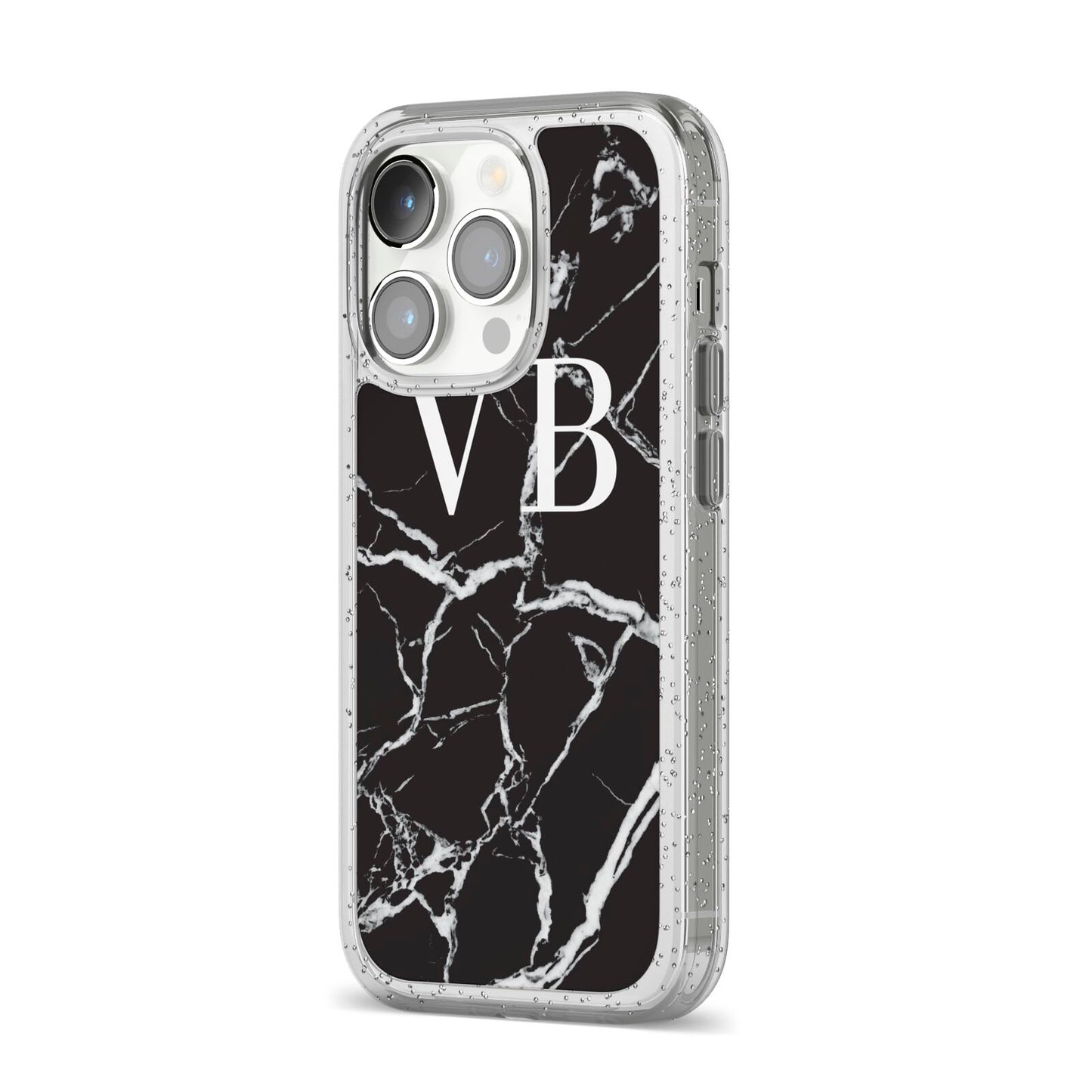 Personalised Black Marble Effect Monogram iPhone 14 Pro Glitter Tough Case Silver Angled Image