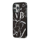 Personalised Black Marble Effect Monogram iPhone 14 Pro Max Black Impact Case Side Angle on Silver phone