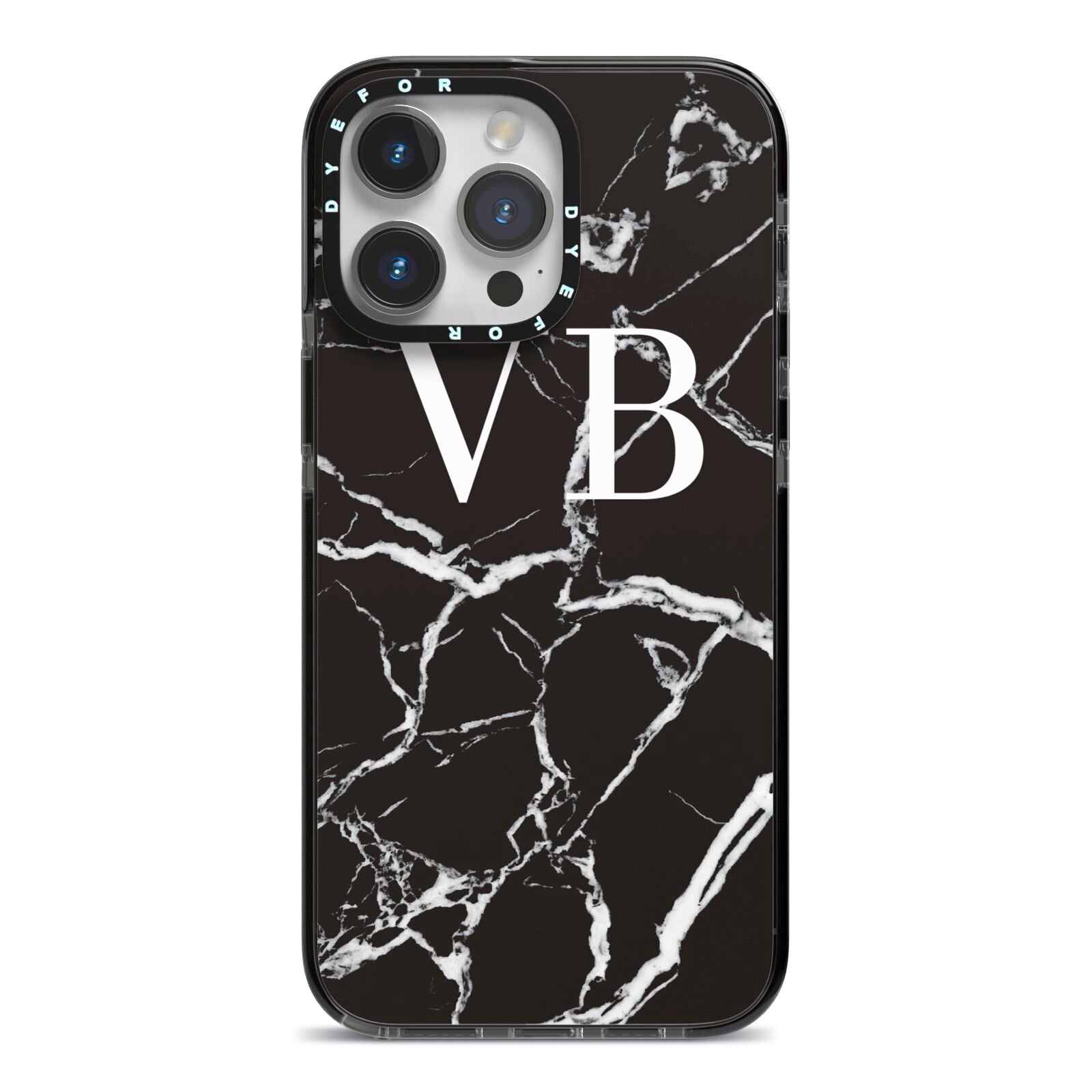 Personalised Black Marble Effect Monogram iPhone 14 Pro Max Black Impact Case on Silver phone