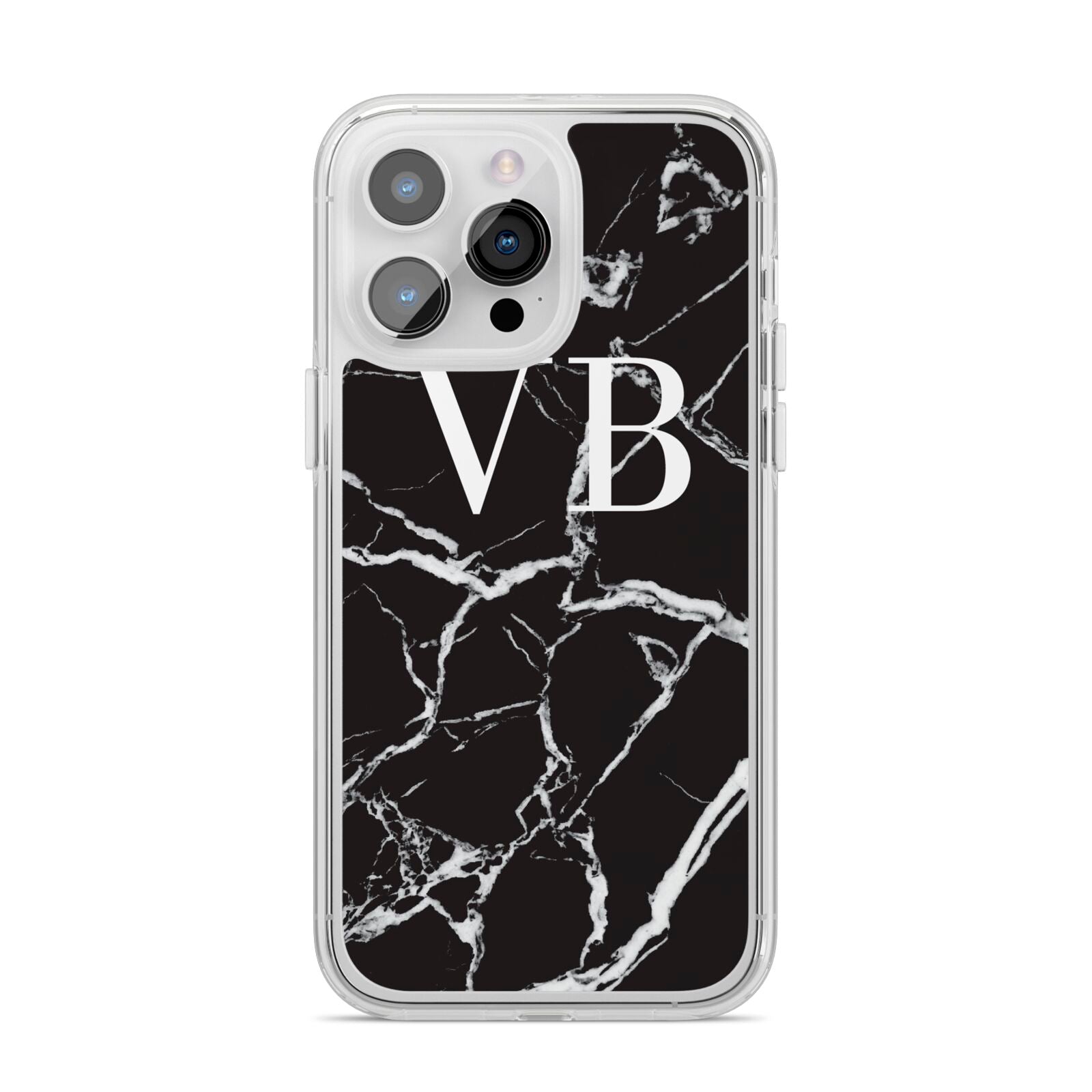 Personalised Black Marble Effect Monogram iPhone 14 Pro Max Clear Tough Case Silver