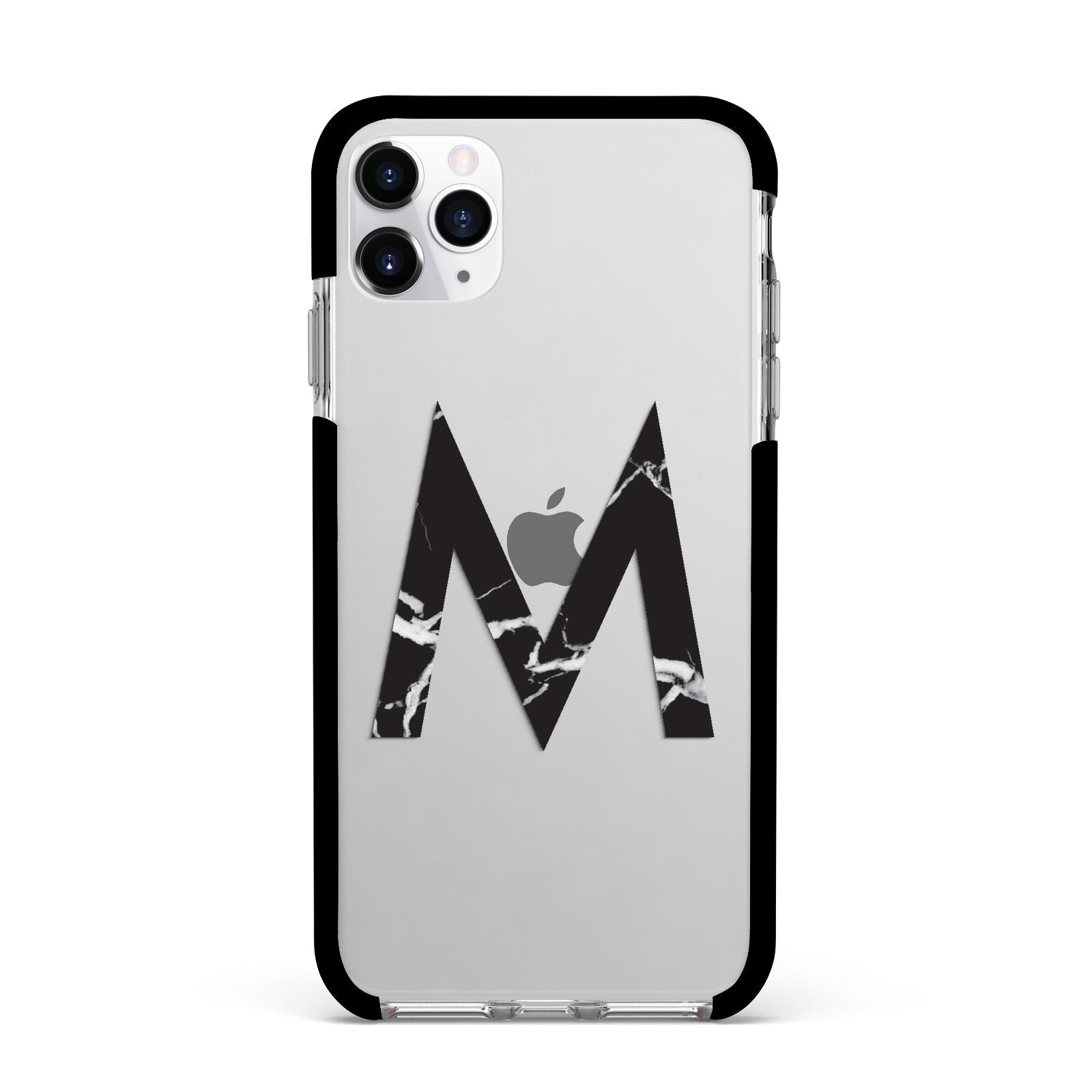 Personalised Black Marble Initial Clear Custom Apple iPhone 11 Pro Max in Silver with Black Impact Case