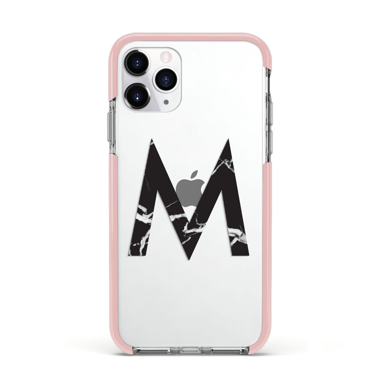 Personalised Black Marble Initial Clear Custom Apple iPhone 11 Pro in Silver with Pink Impact Case