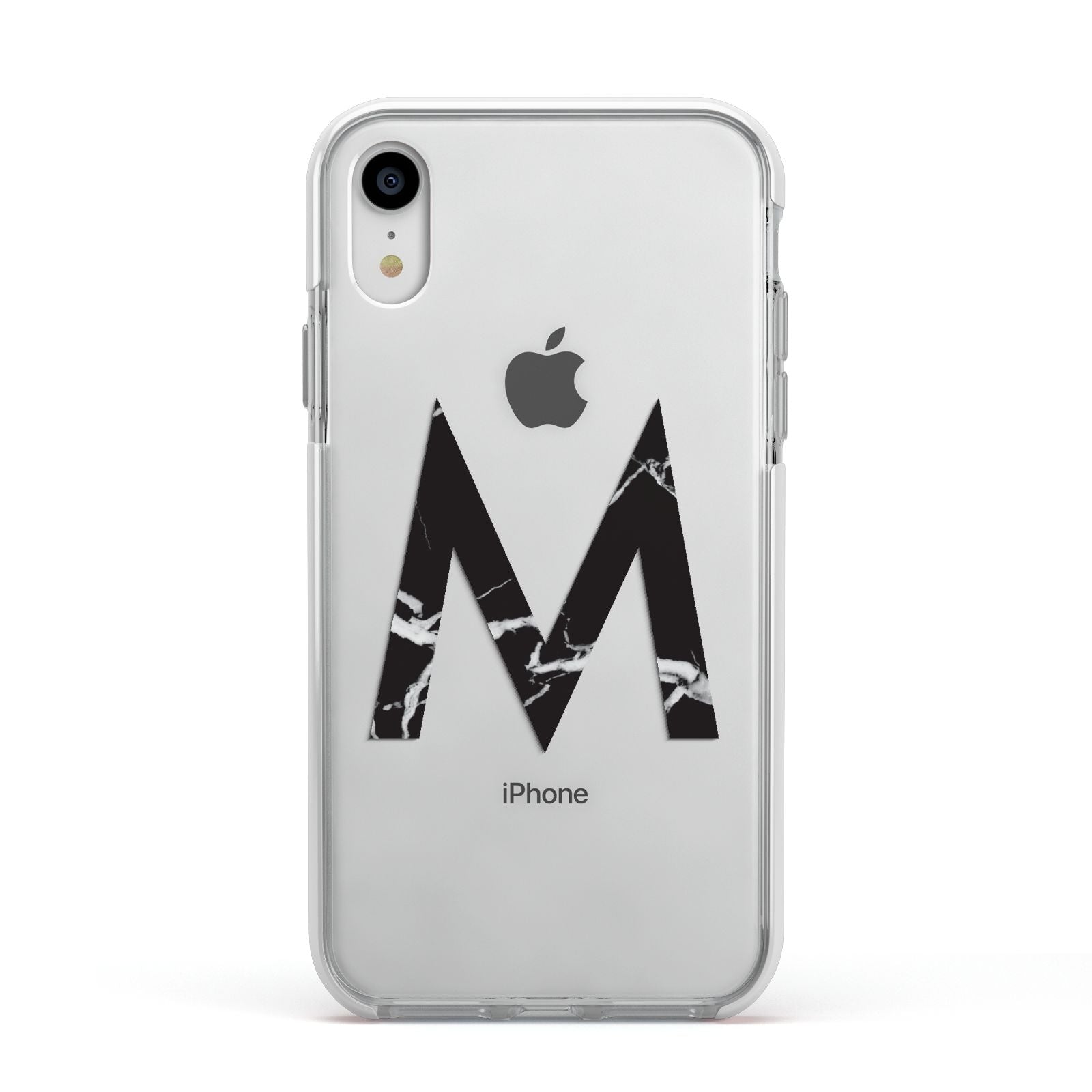 Personalised Black Marble Initial Clear Custom Apple iPhone XR Impact Case White Edge on Silver Phone