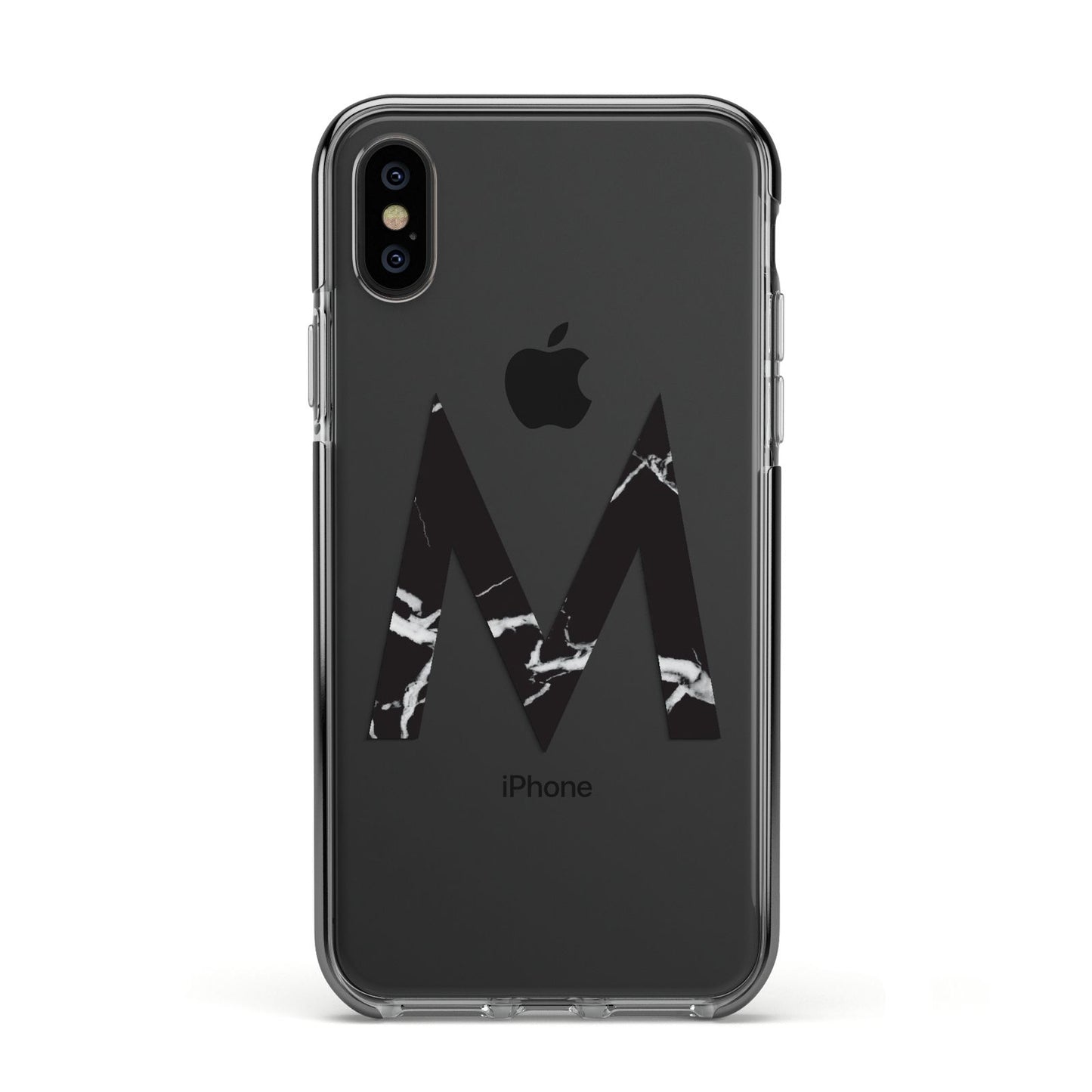 Personalised Black Marble Initial Clear Custom Apple iPhone Xs Impact Case Black Edge on Black Phone