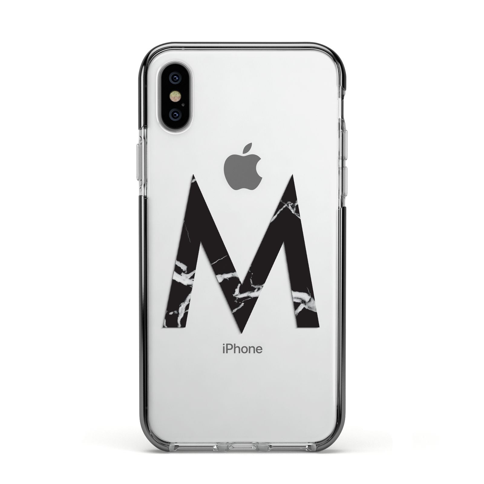 Personalised Black Marble Initial Clear Custom Apple iPhone Xs Impact Case Black Edge on Silver Phone