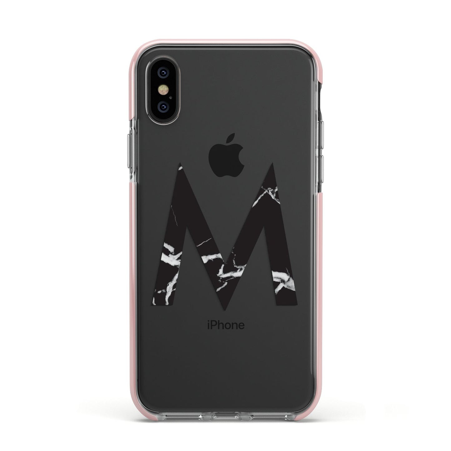 Personalised Black Marble Initial Clear Custom Apple iPhone Xs Impact Case Pink Edge on Black Phone