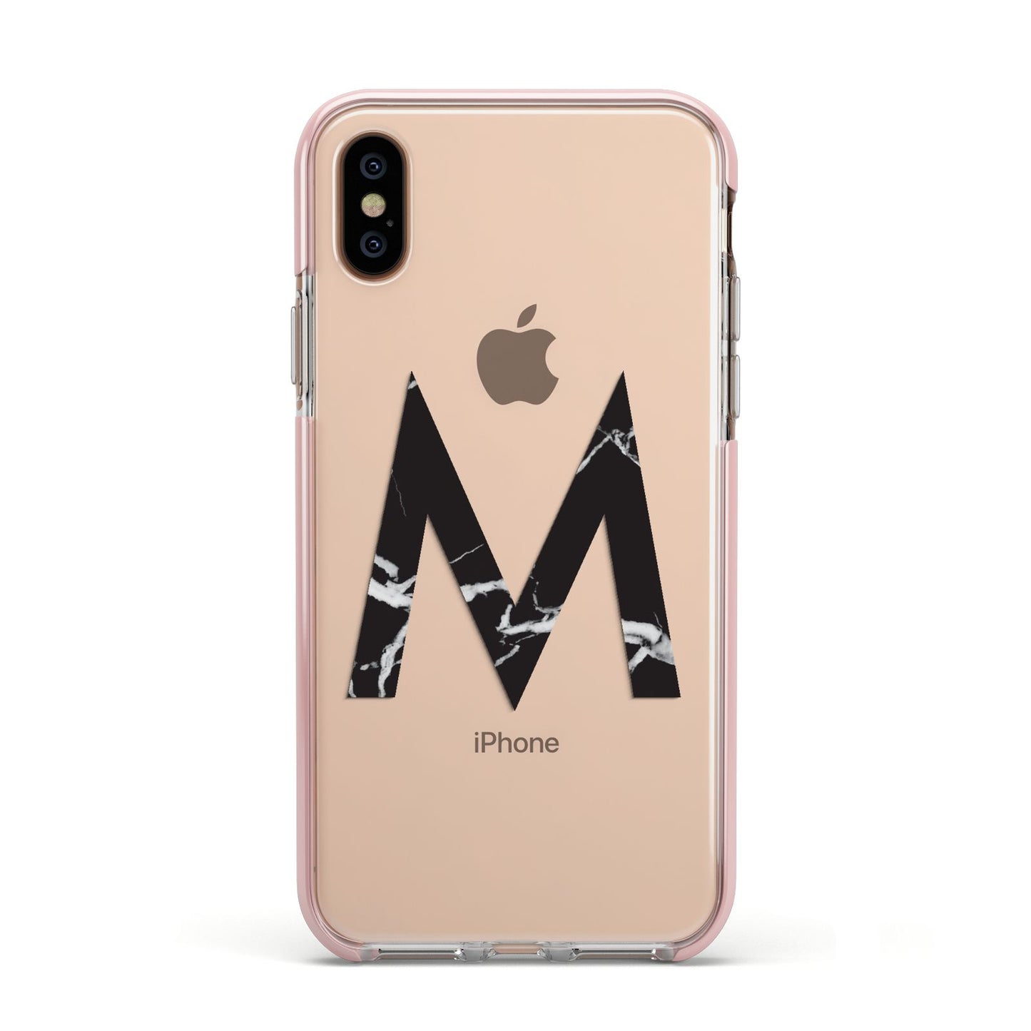 Personalised Black Marble Initial Clear Custom Apple iPhone Xs Impact Case Pink Edge on Gold Phone
