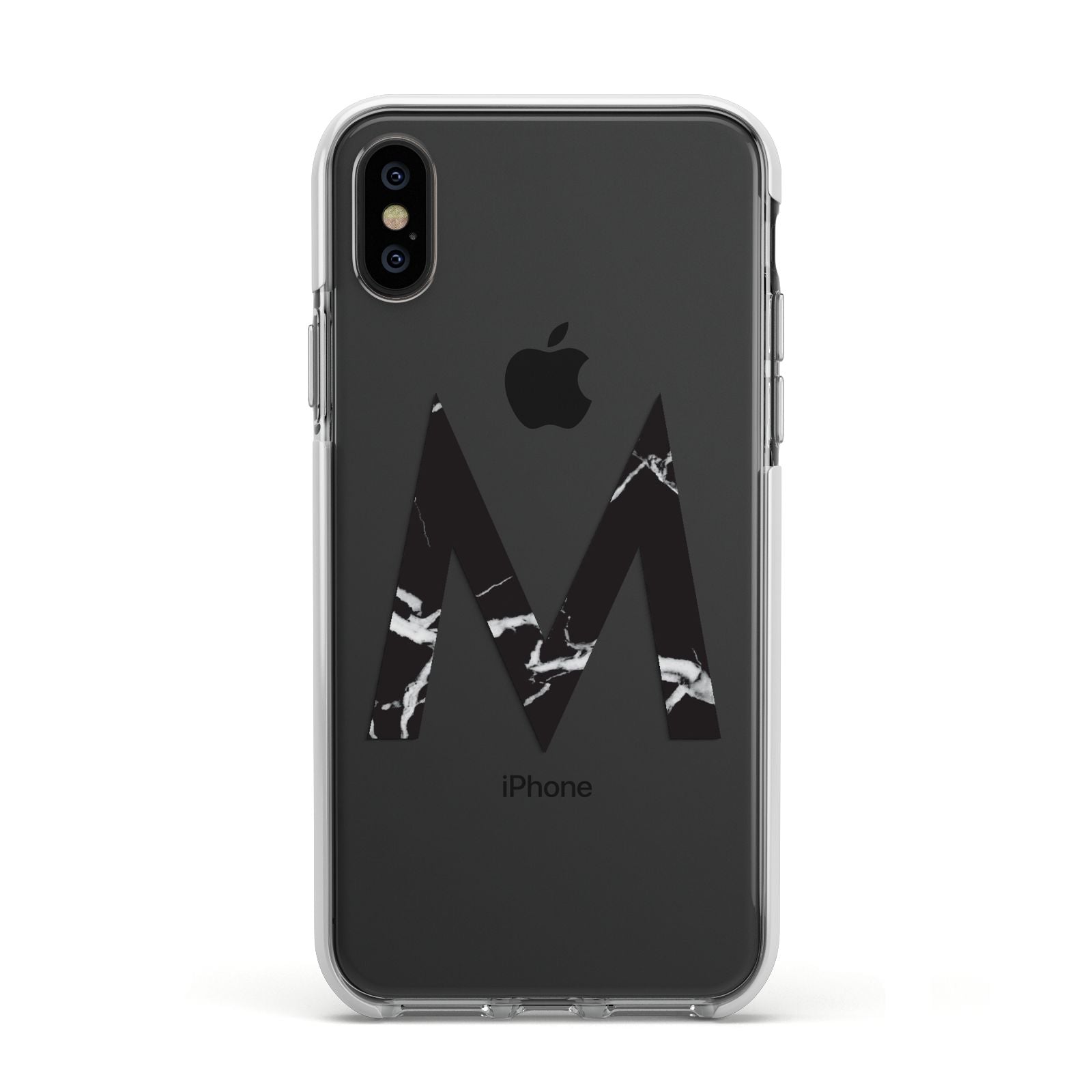 Personalised Black Marble Initial Clear Custom Apple iPhone Xs Impact Case White Edge on Black Phone