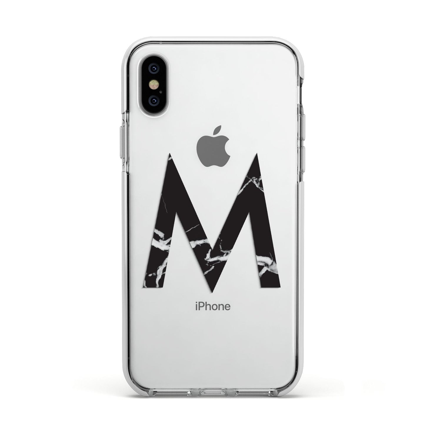 Personalised Black Marble Initial Clear Custom Apple iPhone Xs Impact Case White Edge on Silver Phone