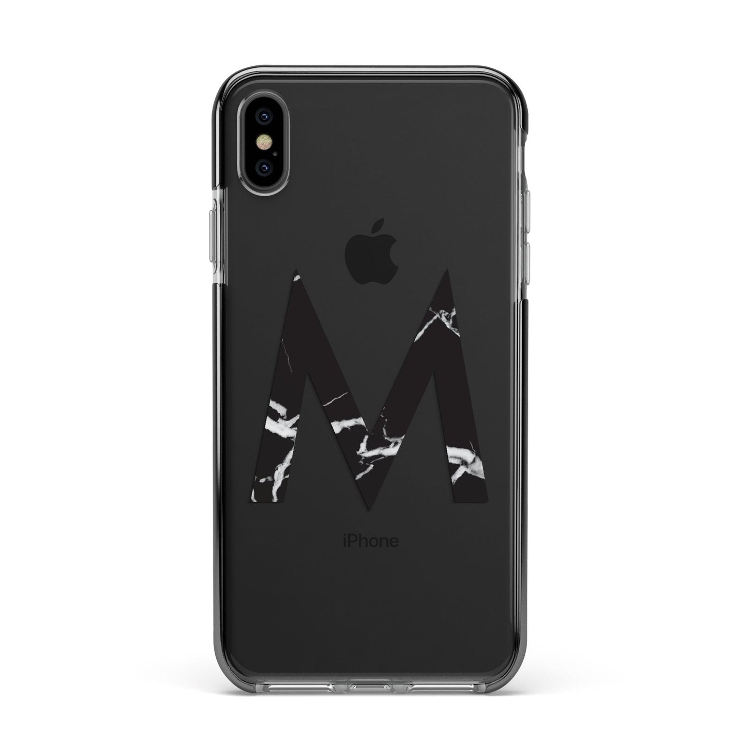Personalised Black Marble Initial Clear Custom Apple iPhone Xs Max Impact Case Black Edge on Black Phone